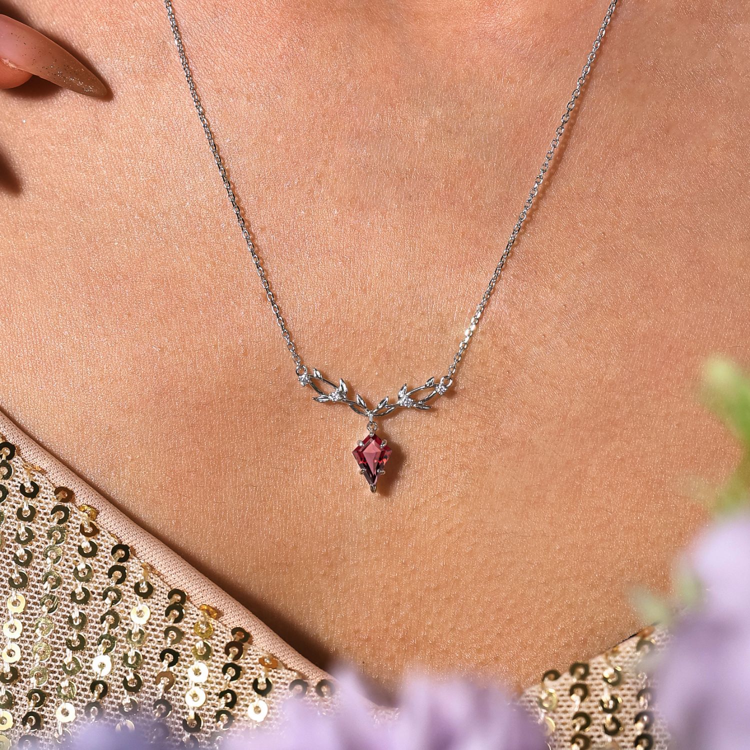 Elven Entwine Mozambique Red Garnet Necklace White Gold Vermeil