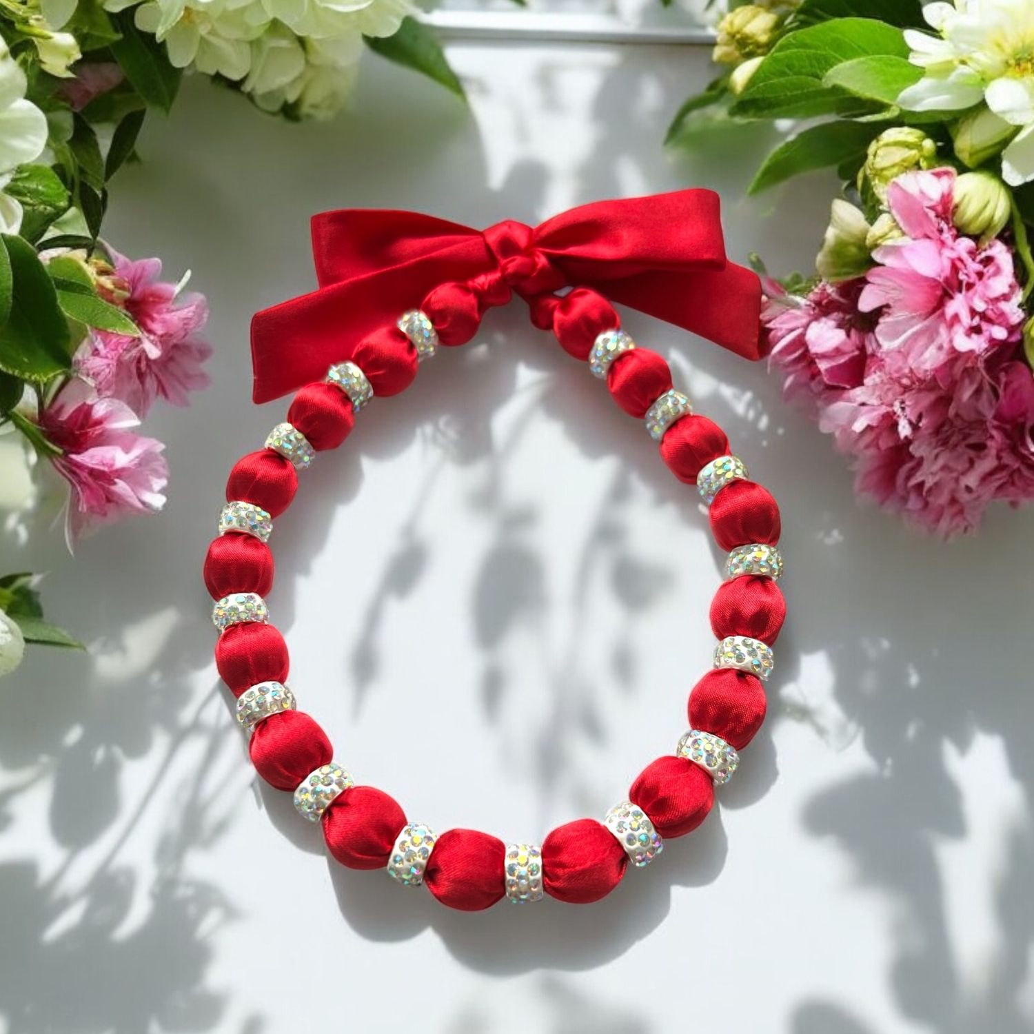 Embellished Necklace On Luxe Red Satin With Beaded Crystals
