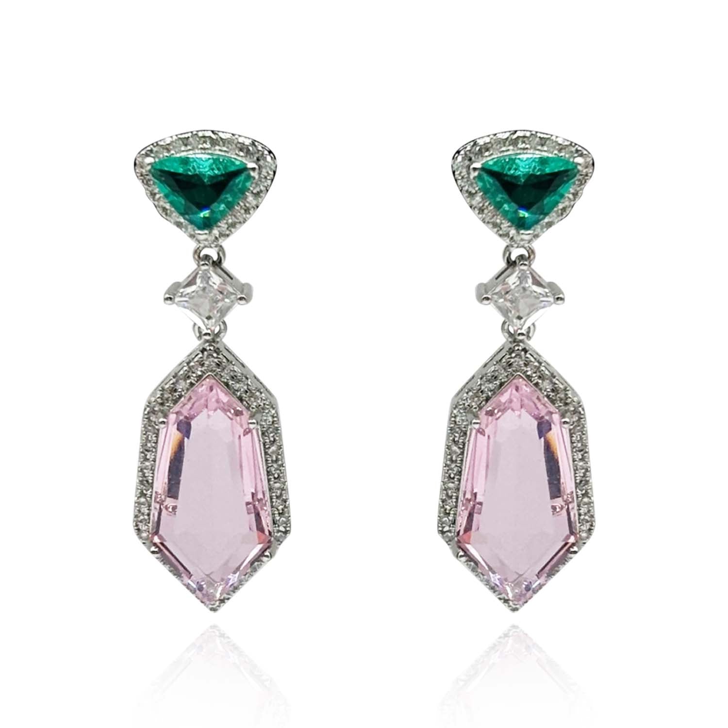 Emerald And Pink Cubic Zirconium Drop Earrings