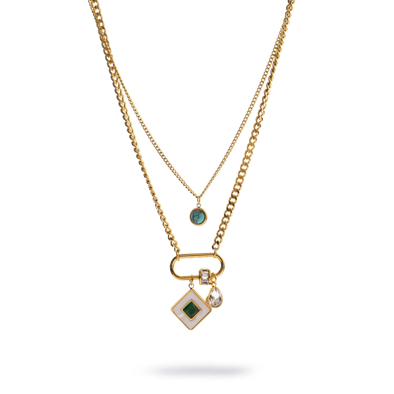 Emerald Charm Layered Gold Necklace - Gold
