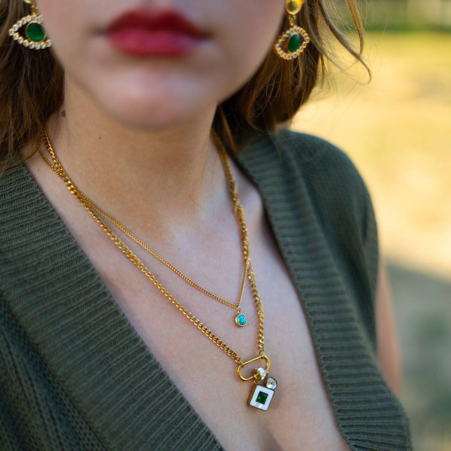 Emerald Charm Layered Gold Necklace - Gold