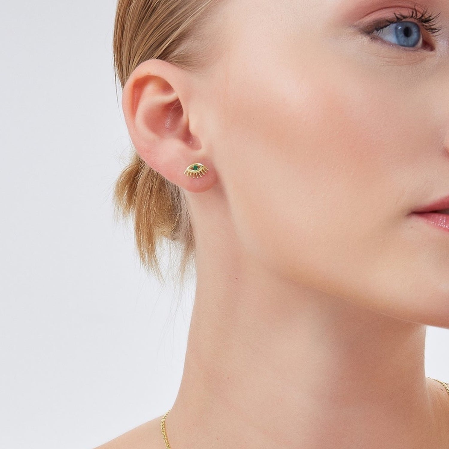 Emerald Color Eye Stud Earring Sterling Silver - Gold