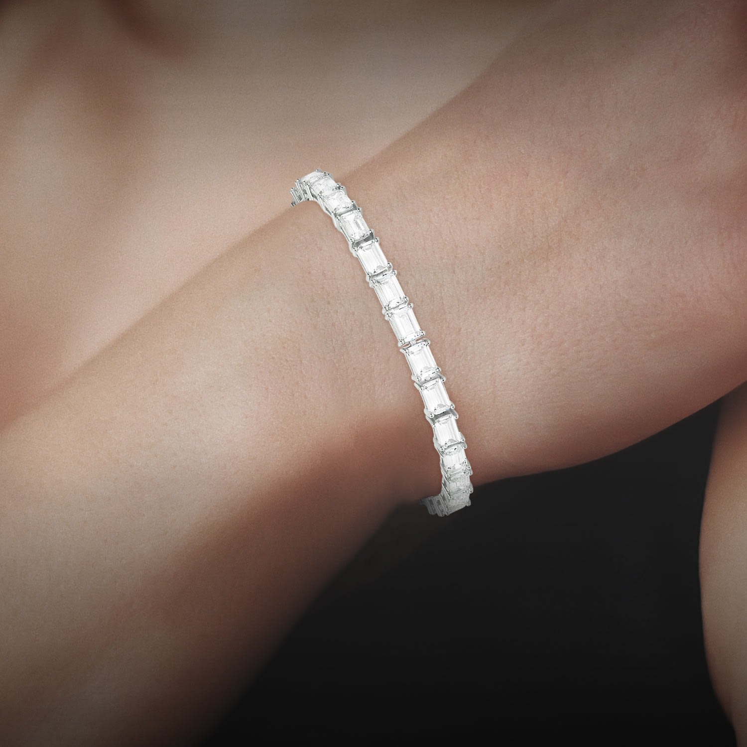 Emerald Cut Diamond Cz Tennis Bracelet In Sterling Silver