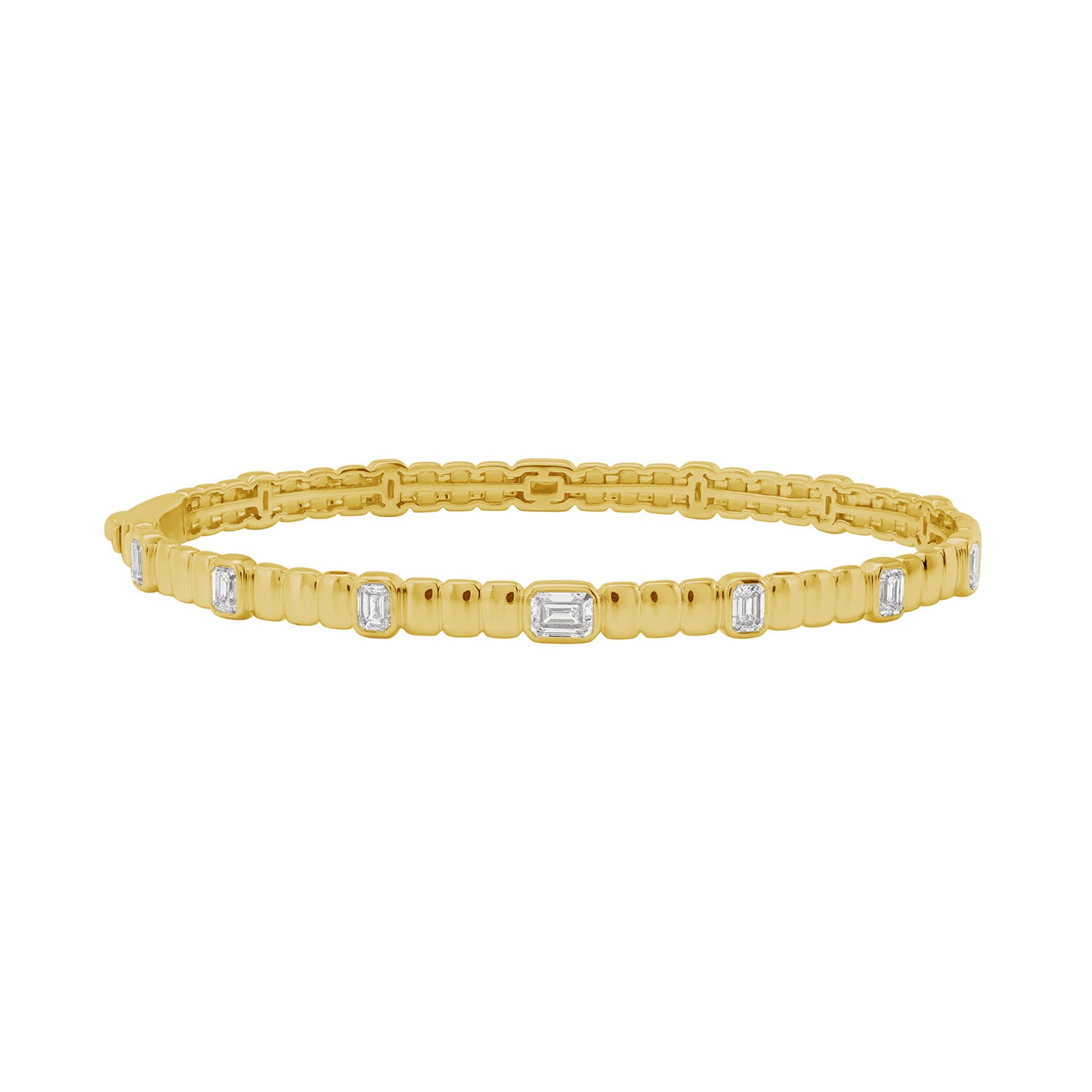 Emerald Cut Diamond Textured Deigner Bangle In Solid Yellow Gold