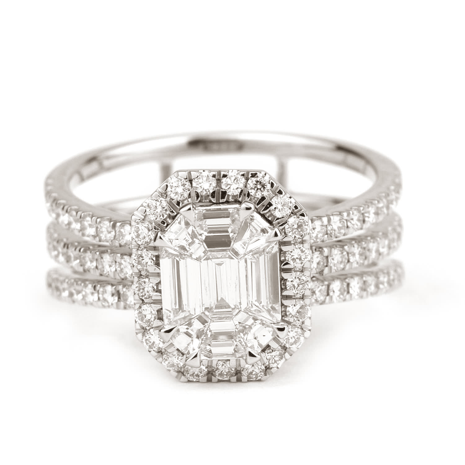 Emerald Cut Diamond Designer Cocktail Ring In White Gold