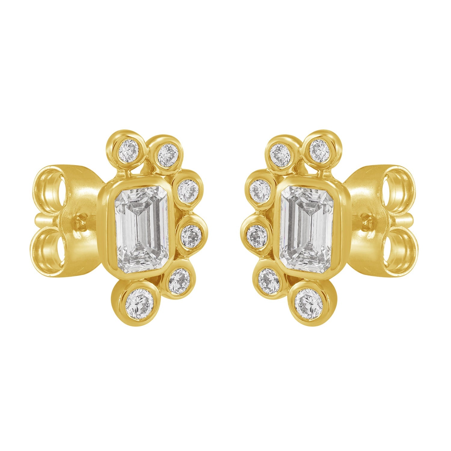 Solid Gold Emerald-Cut & Round Diamond Cluster Stud Earrings