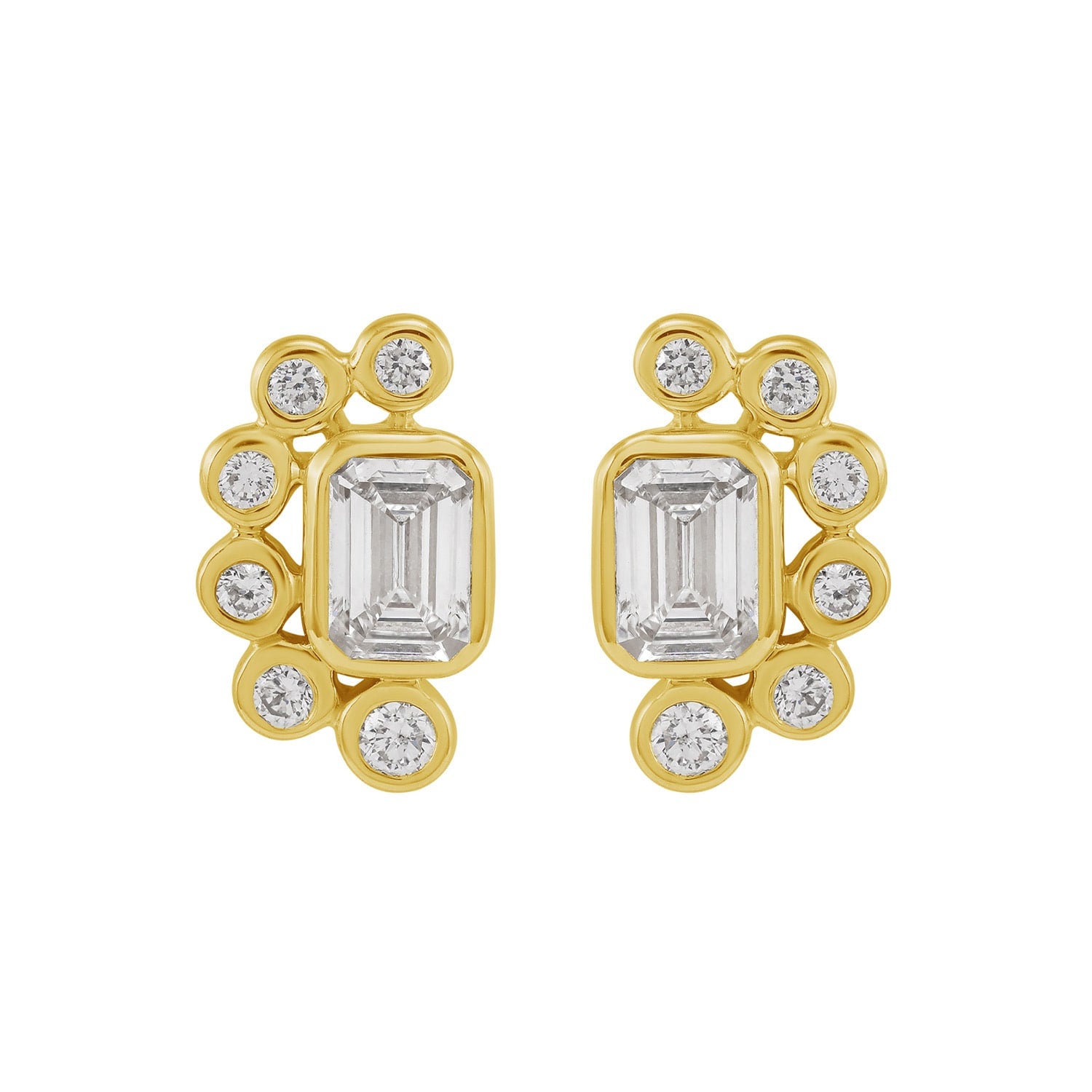 Solid Gold Emerald-Cut & Round Diamond Cluster Stud Earrings