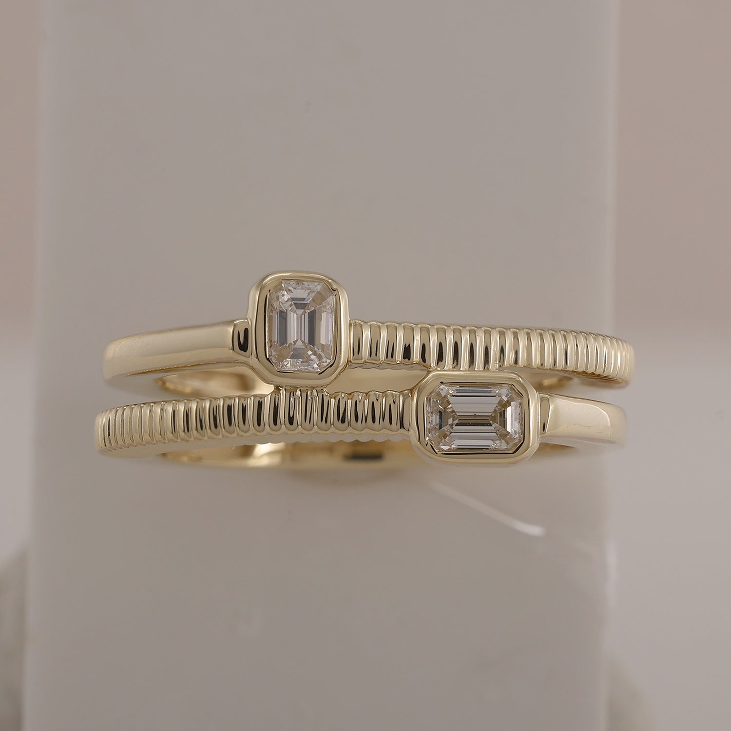 Emerald Cut Diamond Two Stone Twisted Spiral Band Ring In 14Kt Gold