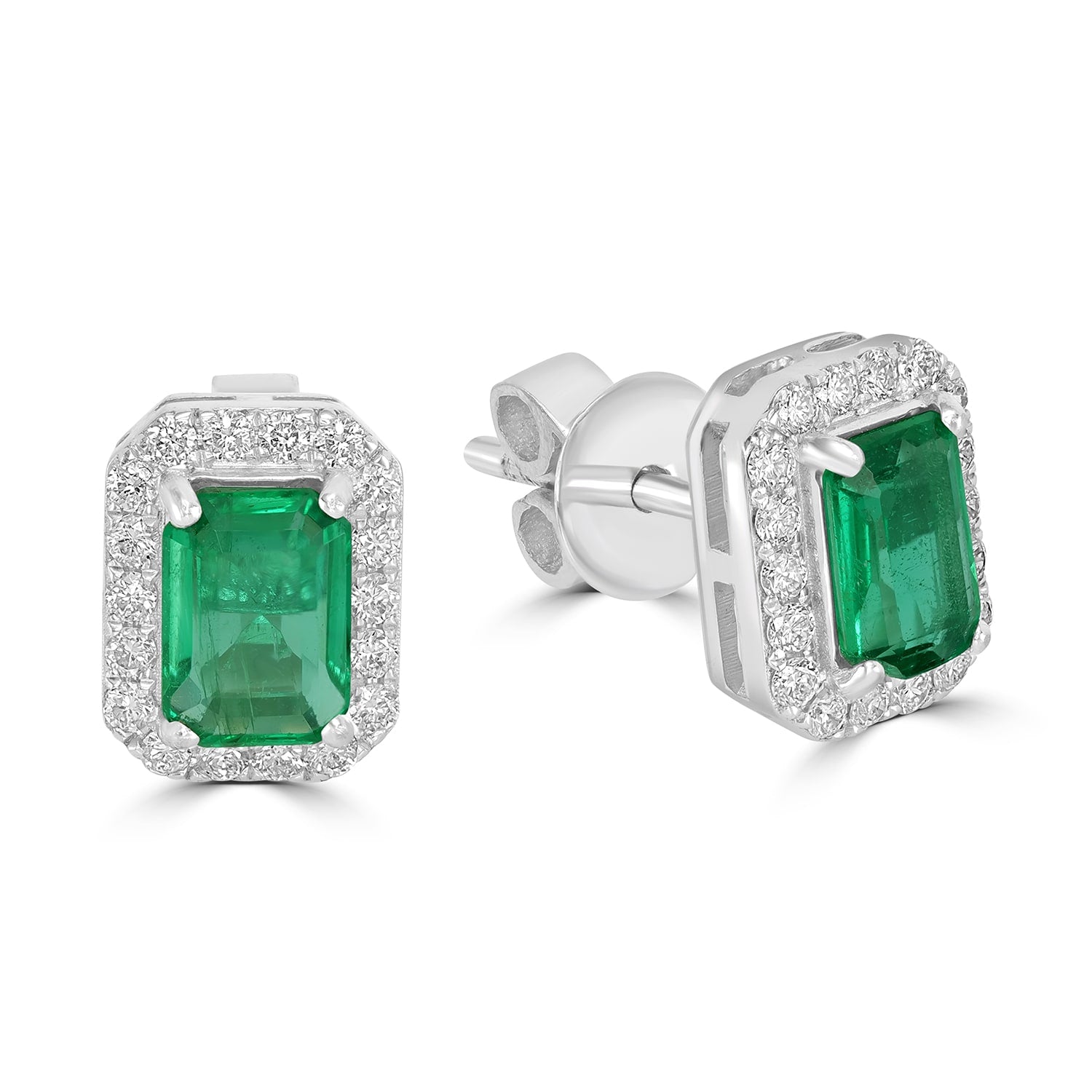 Emerald Cut Emerald & Dimond Stud Earrings In White Gold