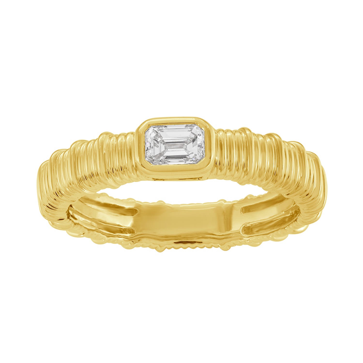 Emerald Cut Diamond Textured Handcrafted Band Ring In Yellow Gold