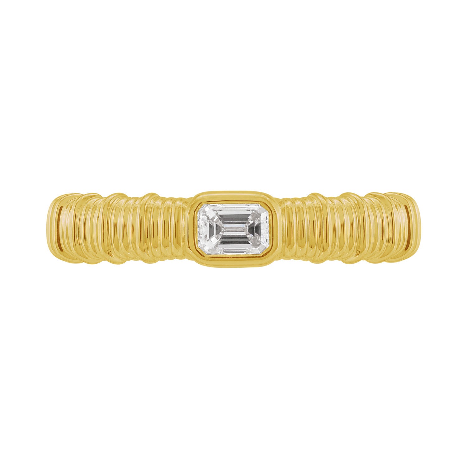 Emerald Cut Diamond Textured Handcrafted Band Ring In Yellow Gold