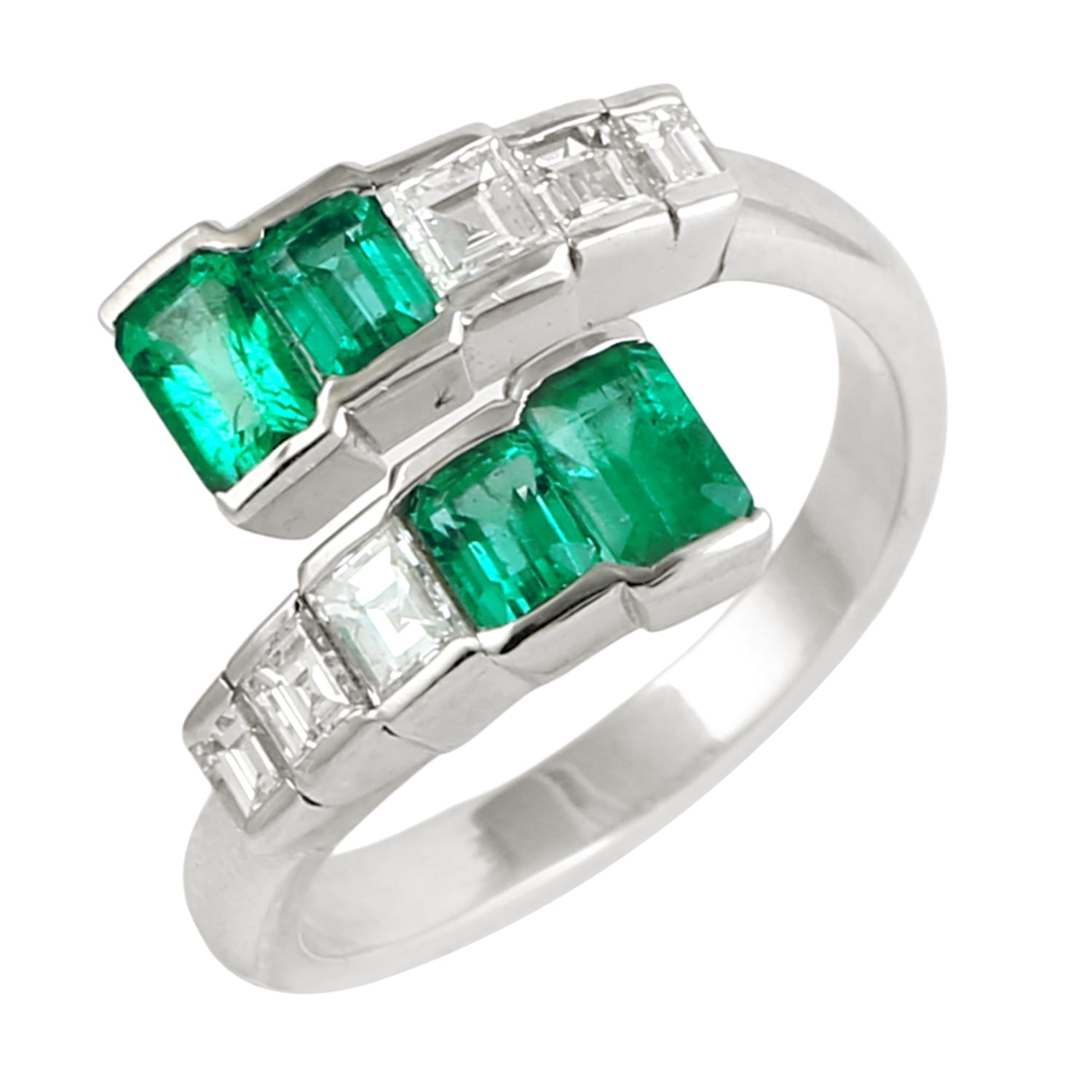 Emerald & Diamond Baguette Bypass Ring In 18Kt White Gold