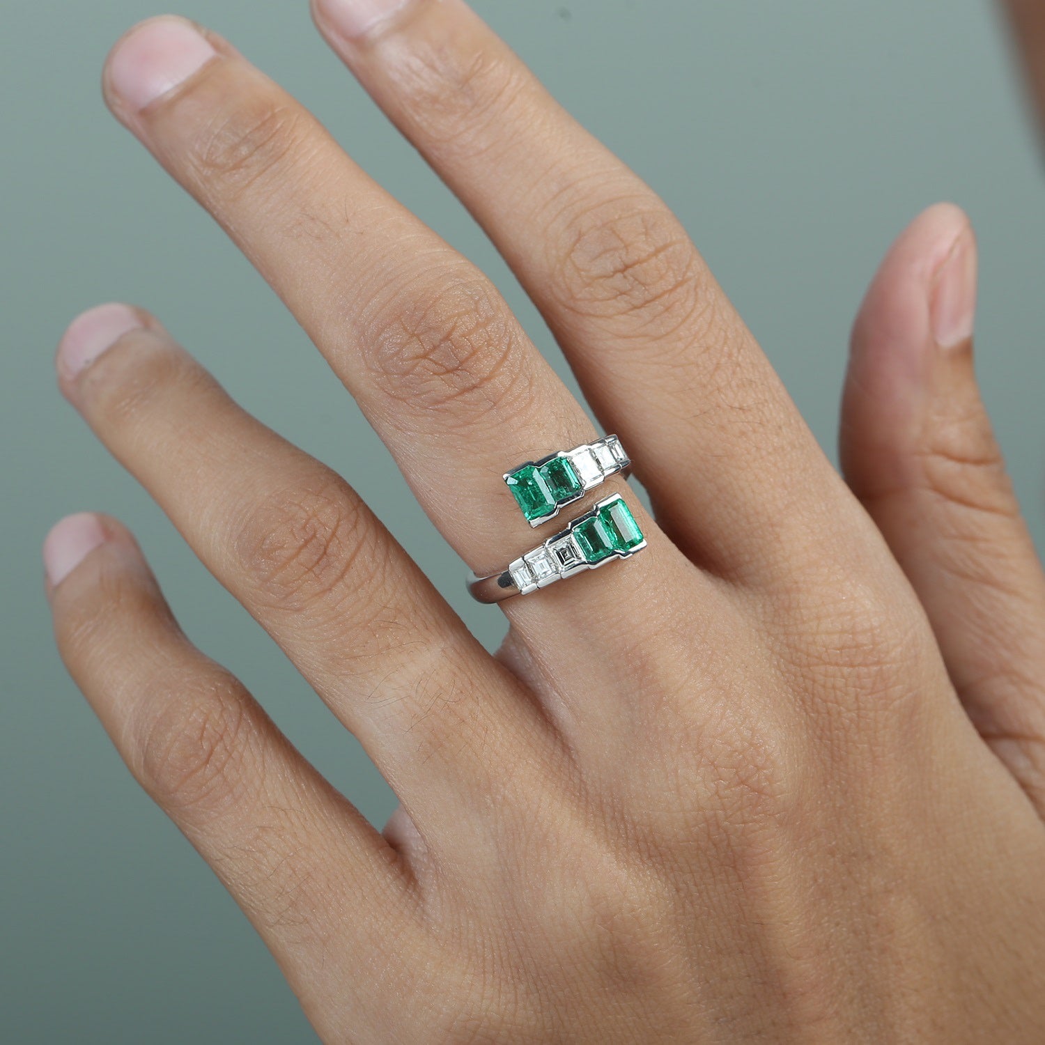 Emerald & Diamond Baguette Bypass Ring In 18Kt White Gold