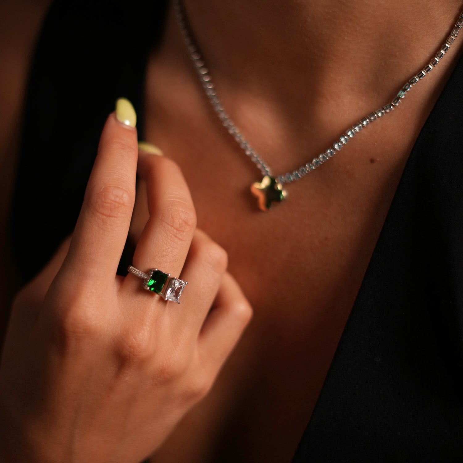 Emerald & Diamond Design Sterling Silver Statement Ring - Green