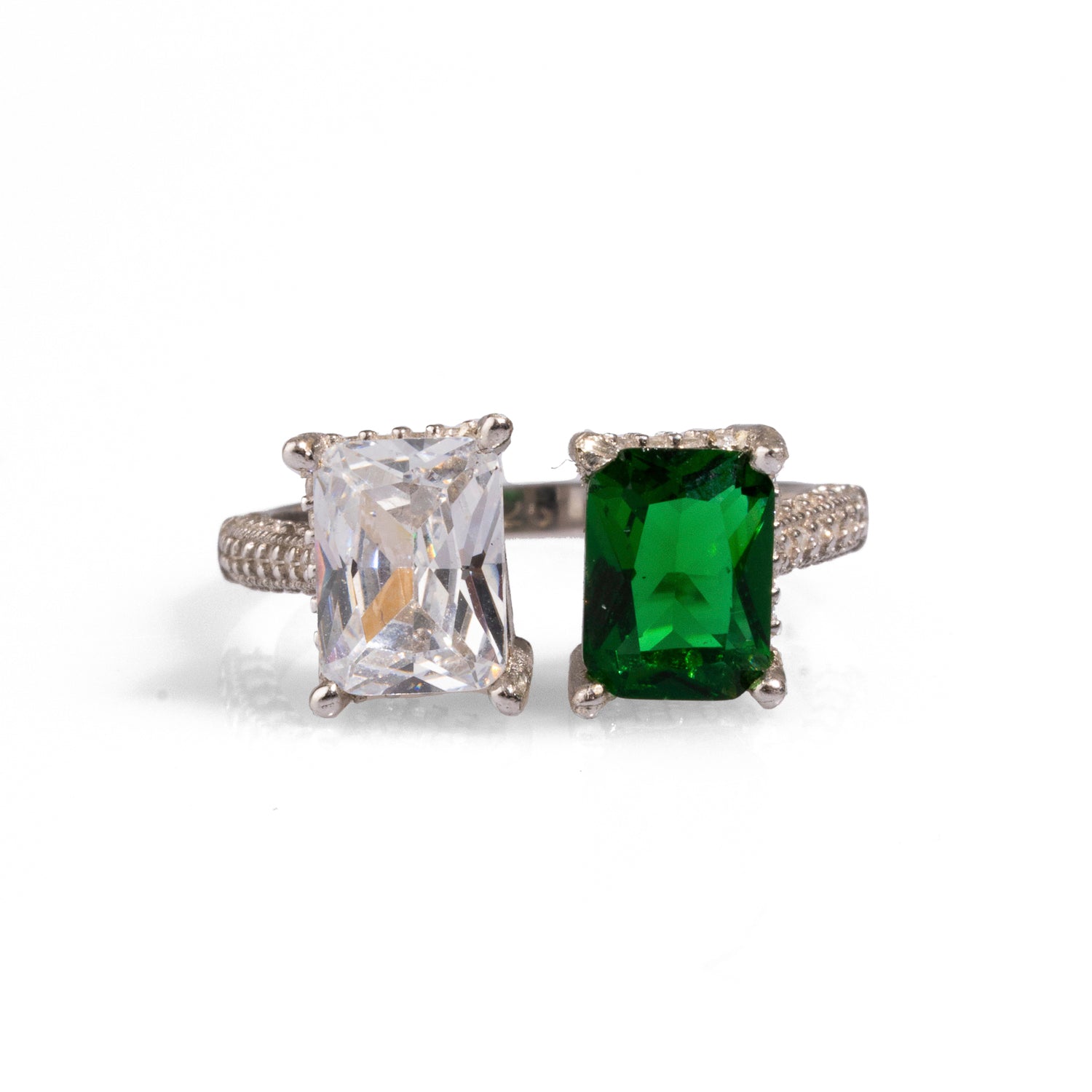 Emerald & Diamond Design Sterling Silver Statement Ring - Green