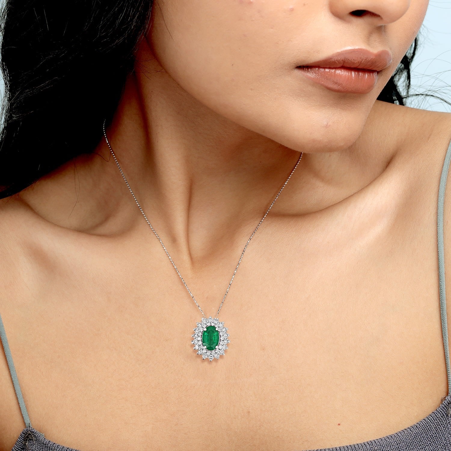 Emerald & Diamond Designer Oval Pendant In White Gold