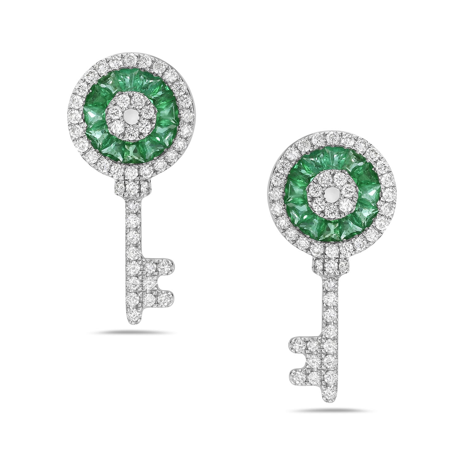 Natural Emerald & Diamond Key Dangle Earrings In White Gold
