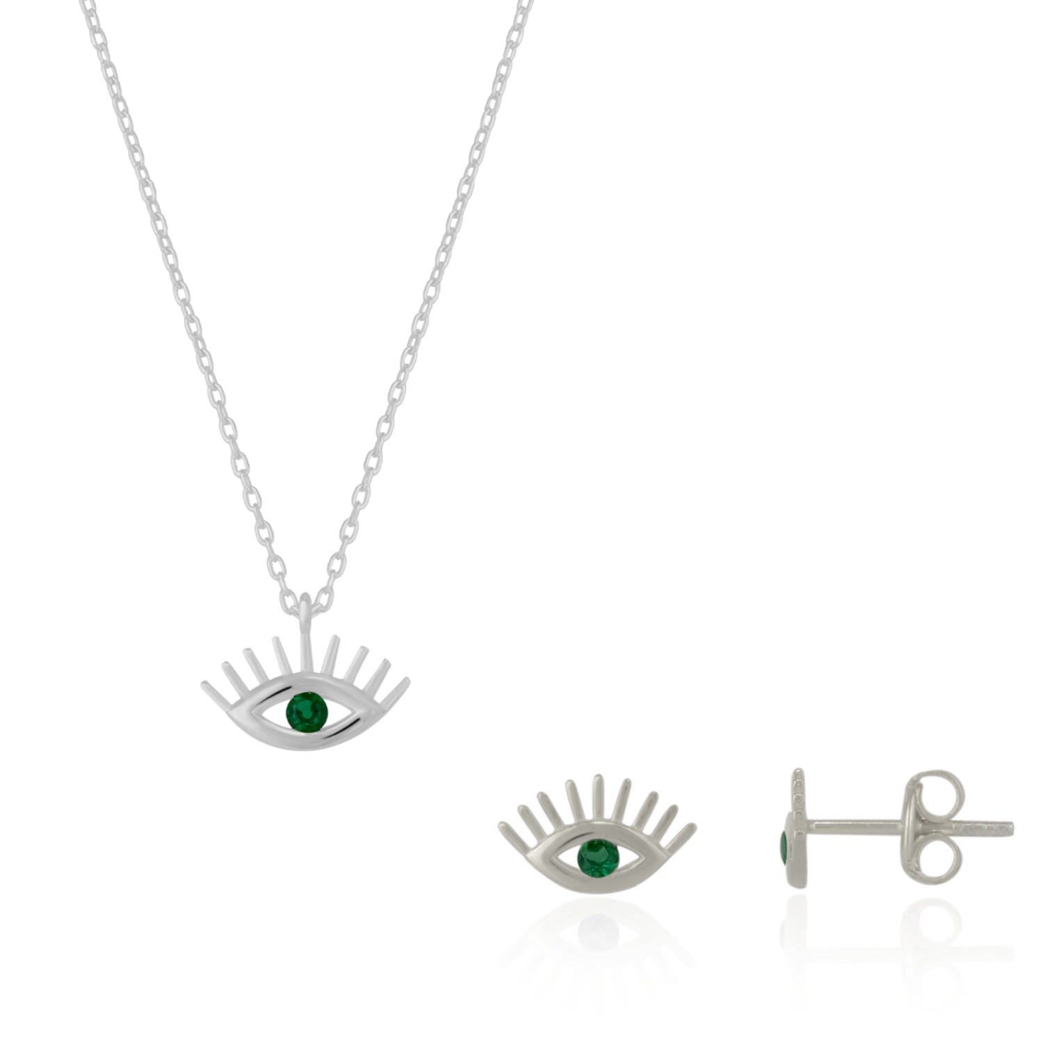 Emerald Eye Evil Eye Sterling Silver Necklace & Stud Earring Set - Silver