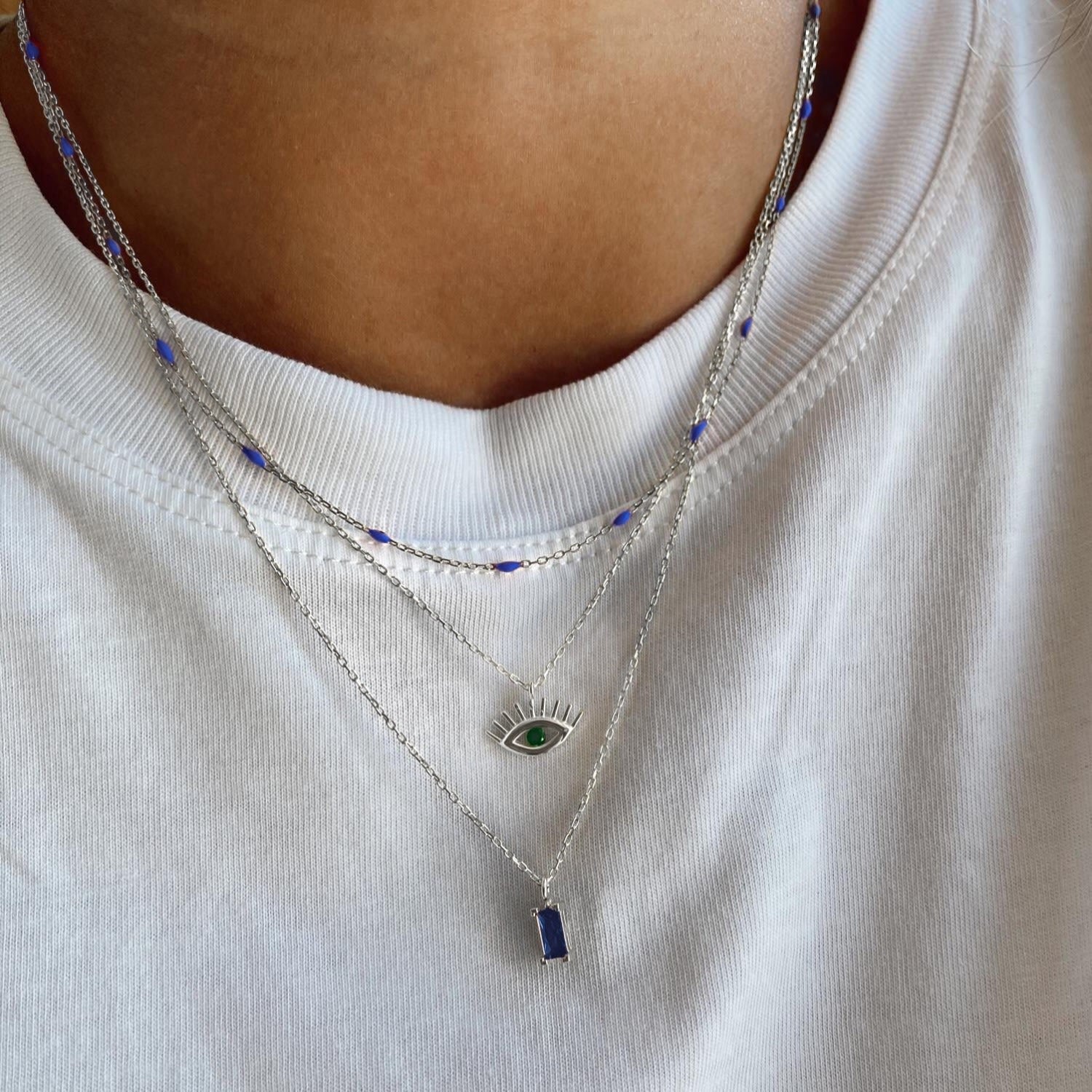 Emerald Eye Evil Eye Sterling Silver Necklace & Stud Earring Set - Silver