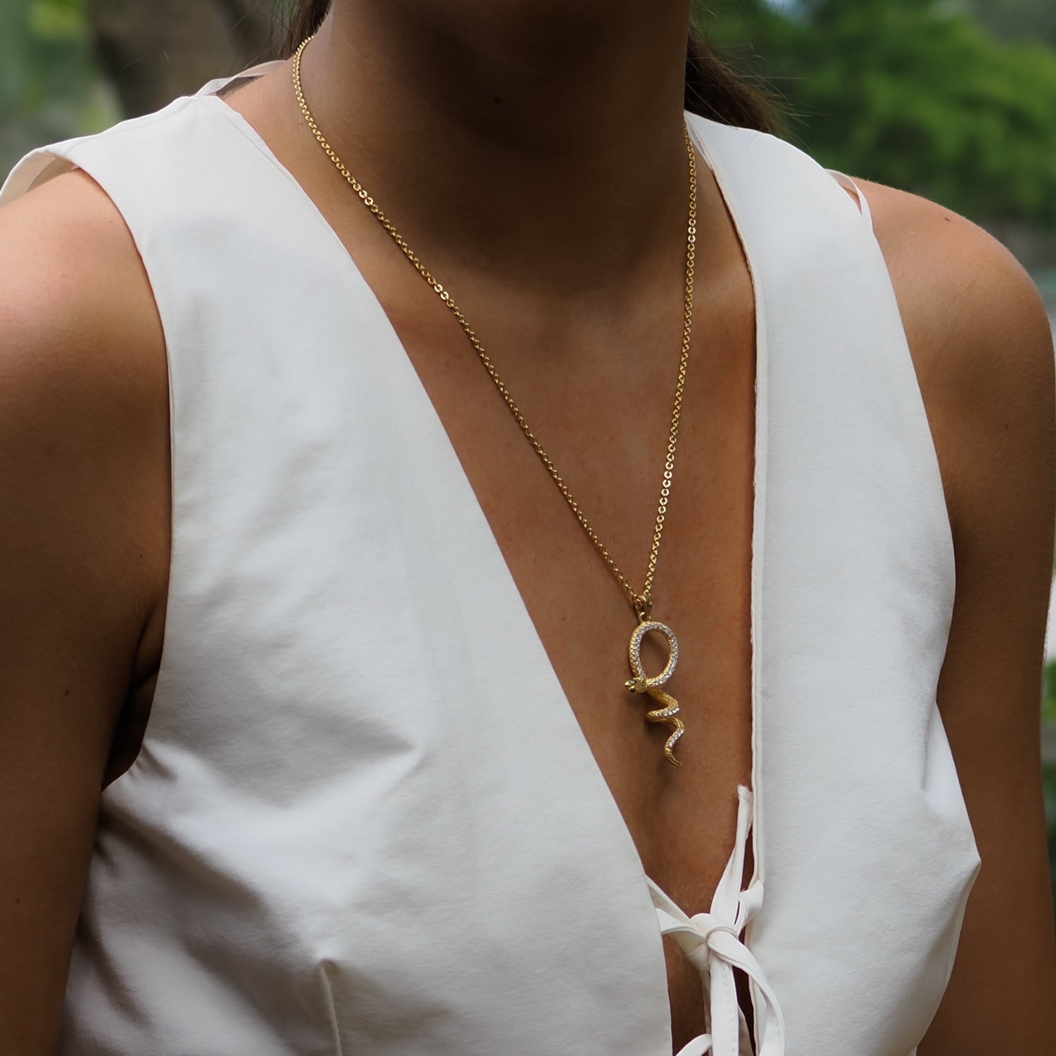 Emerald Eyed Mythology Snake Gold & Diamond Pendant Bold Chain Necklace - Gold