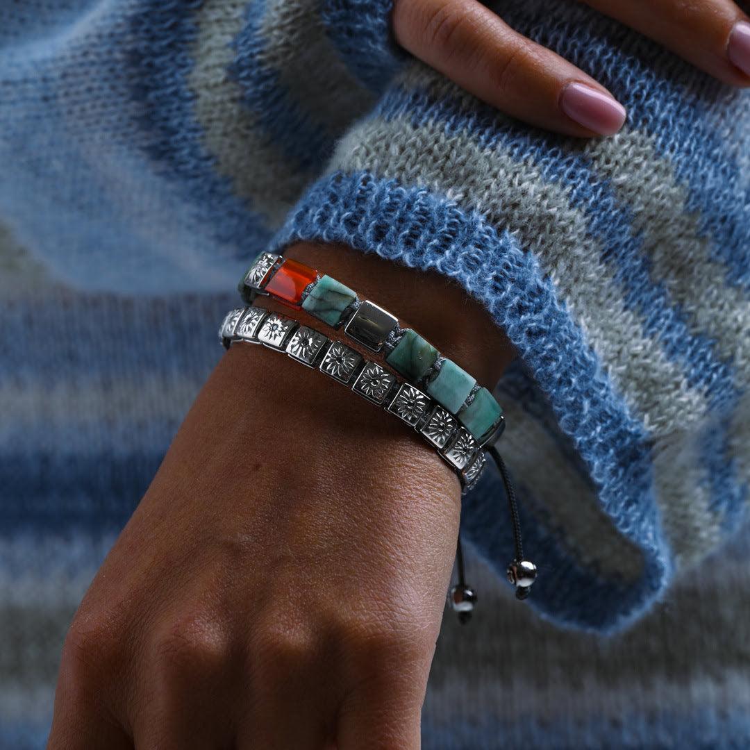 Emerald Flat-Bead Bracelet With Carnelian In Silver - 8Mm