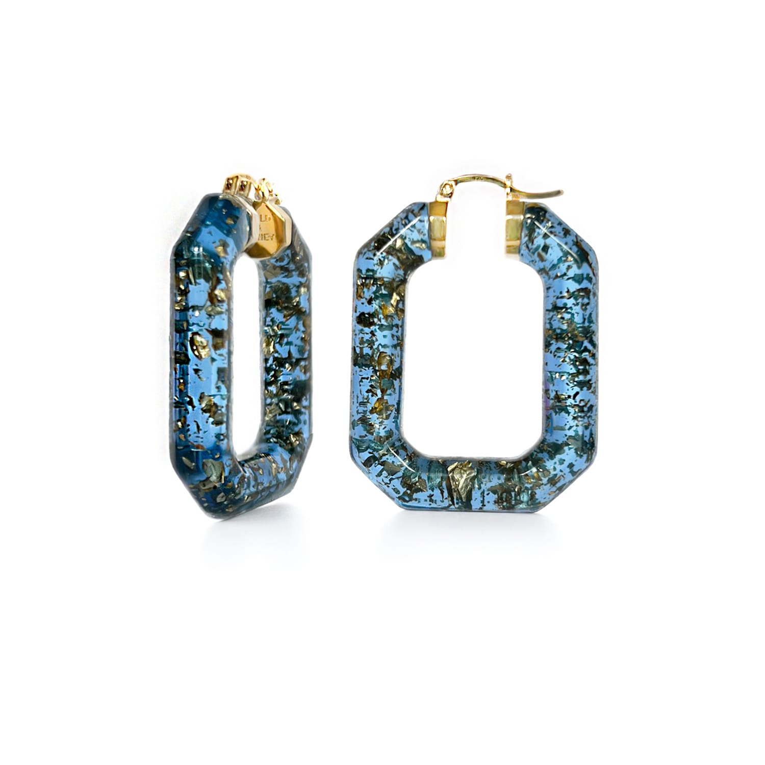 Emerald Gemstone Lucite Hoop Earrings In Blue With Gold Leaf
