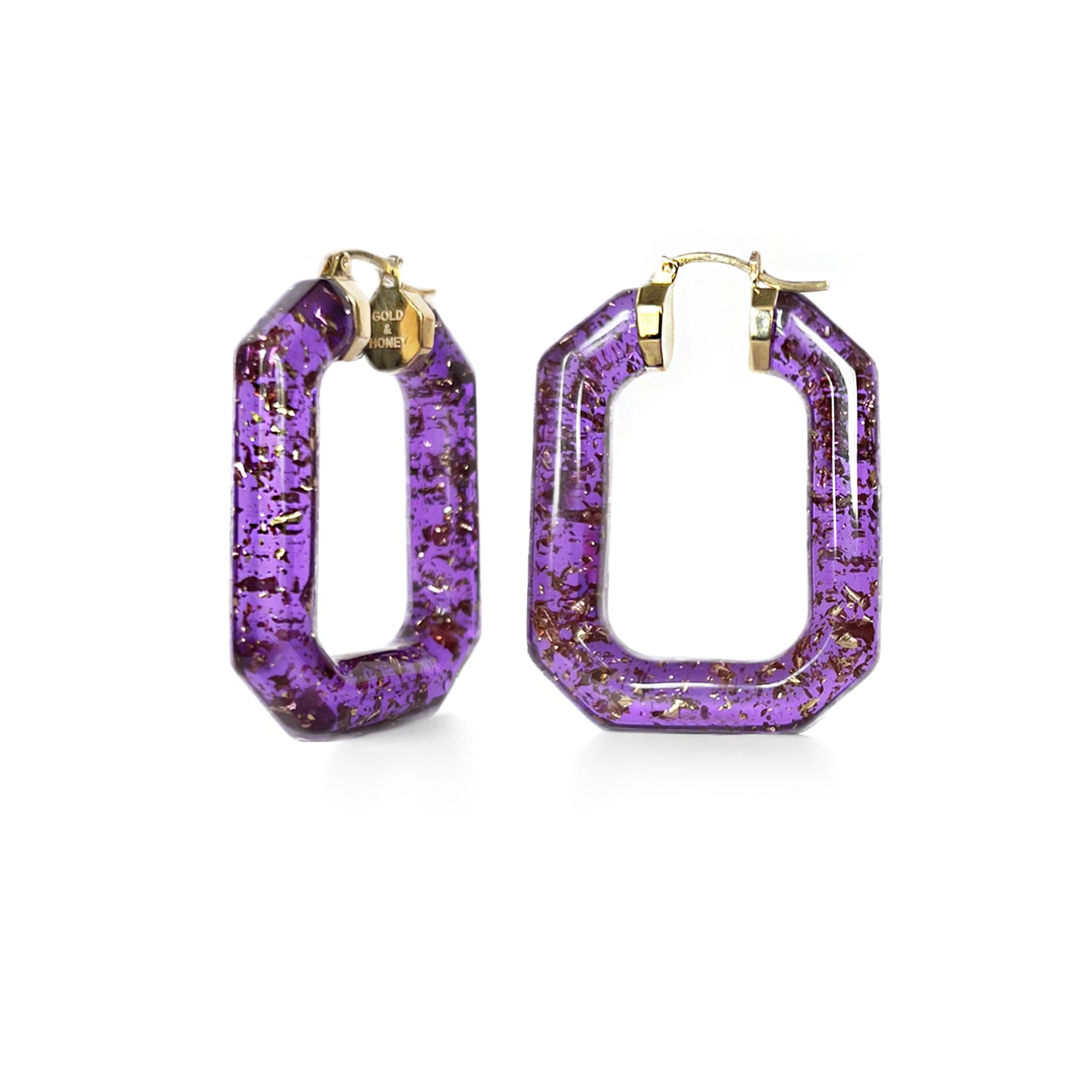 Emerald Gemstone Lucite Hoop Earrings In Purple With Gold Leaf