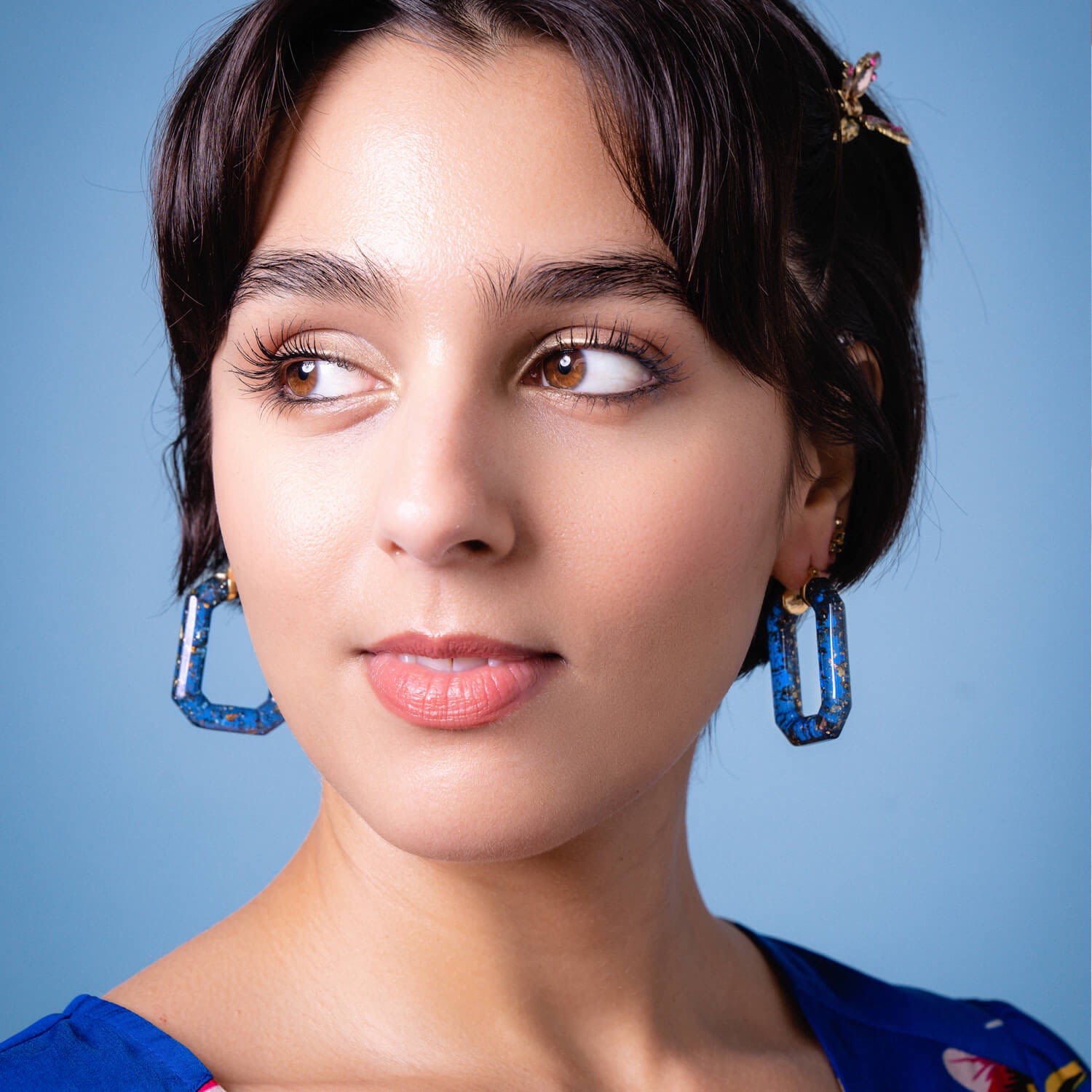 Emerald Gemstone Lucite Hoop Earrings In Blue With Gold Leaf