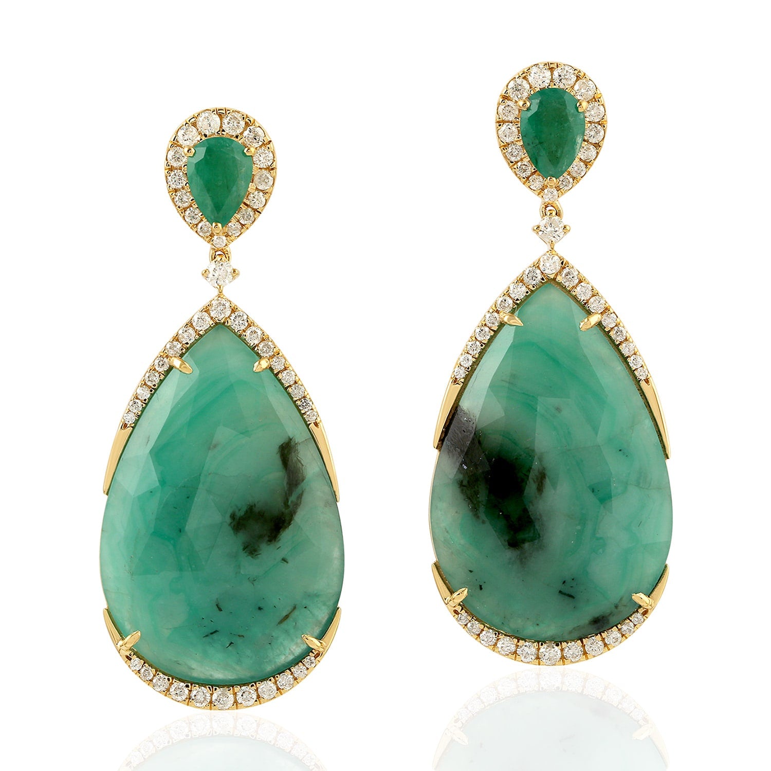 Emerald Gemstone & Diamond Dangle Earrings In Yellow Gold