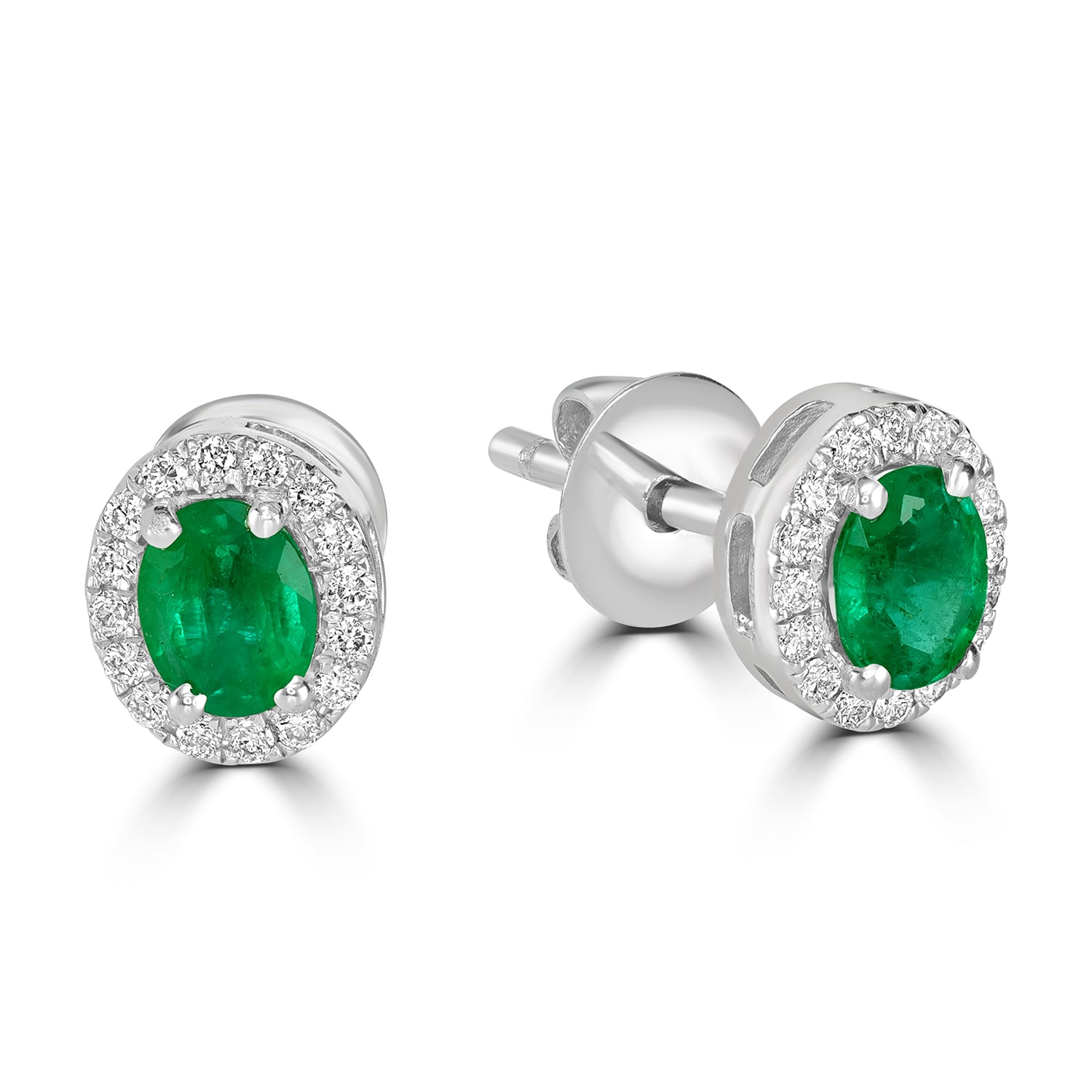 Emerald Gemstone Prong Diamond Stud Earrings In White Gold