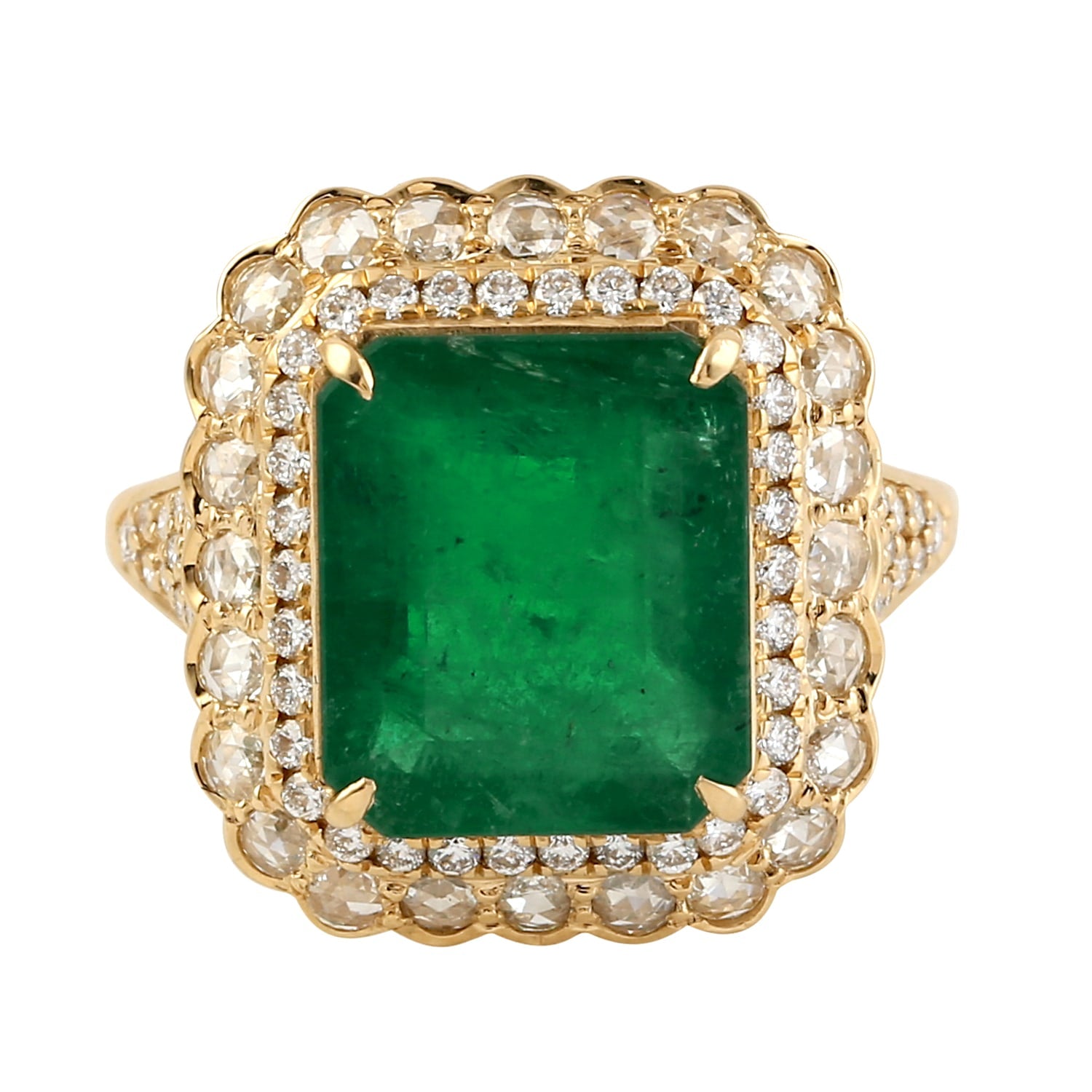 Emerald Gemstone Rose Cut Diamond Cocktail Ring In Yellow Gold