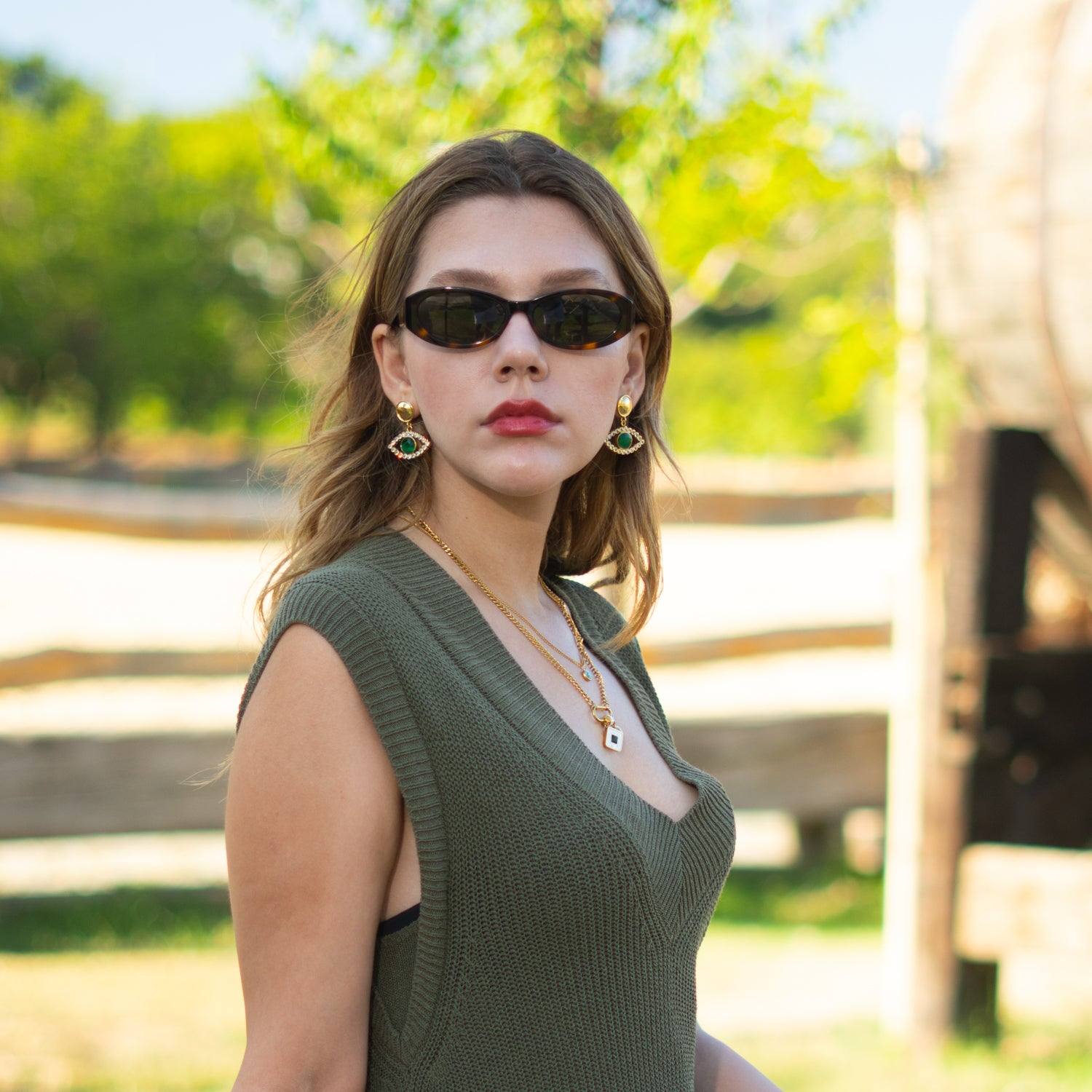 Emerald Harmony Eye Earrings - Gold