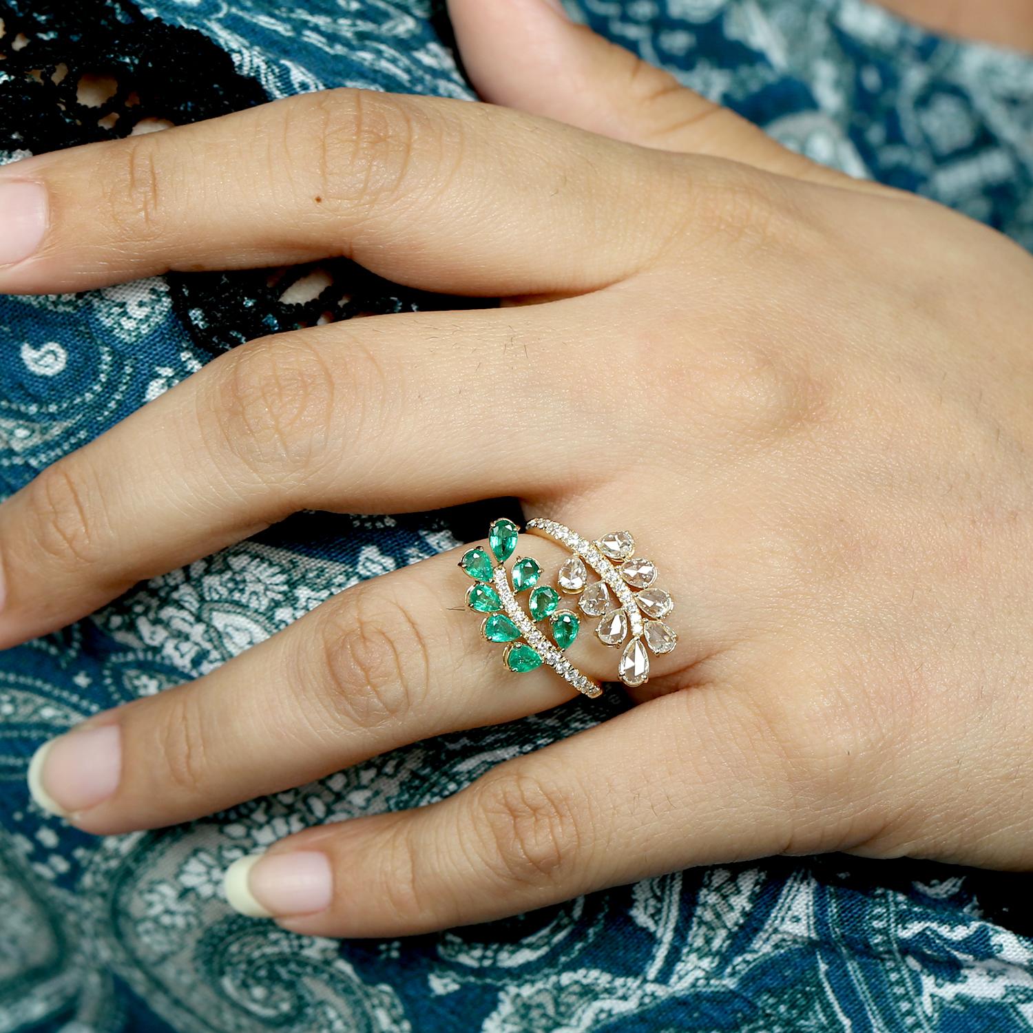 Emerald & Rose Cut Diamond Bypass Ring In 18K Yellow Gold