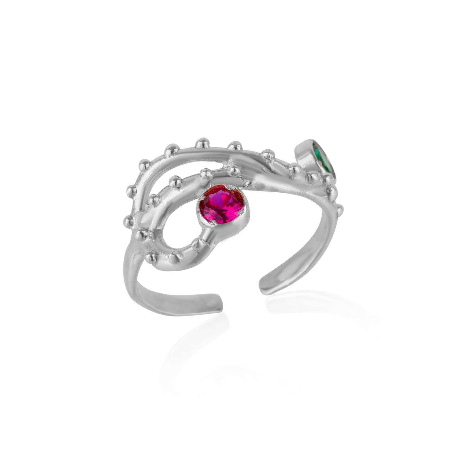 Emerald & Ruby Color Jewelled Dragon Back Ring - Silver