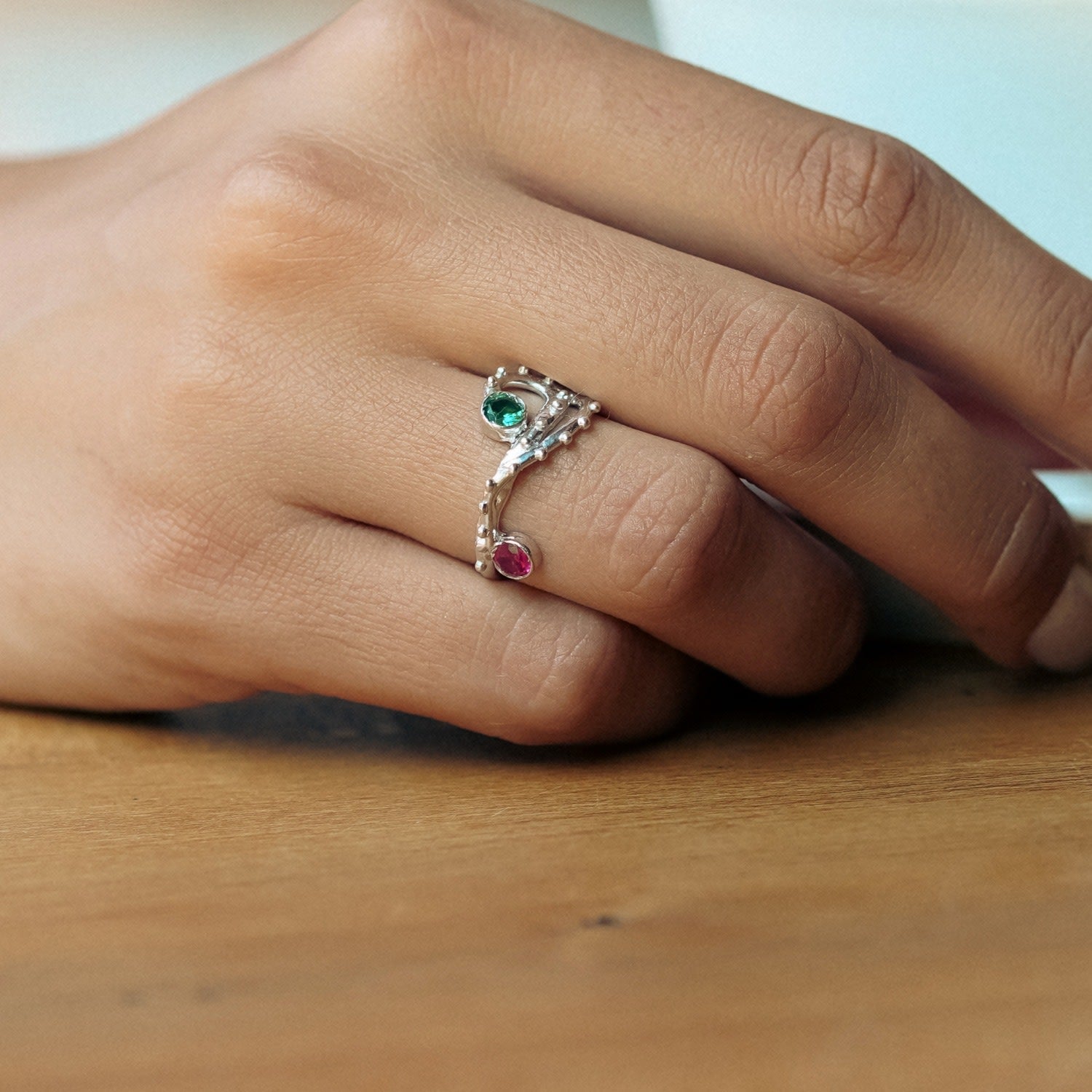 Emerald & Ruby Color Jewelled Dragon Back Ring - Silver