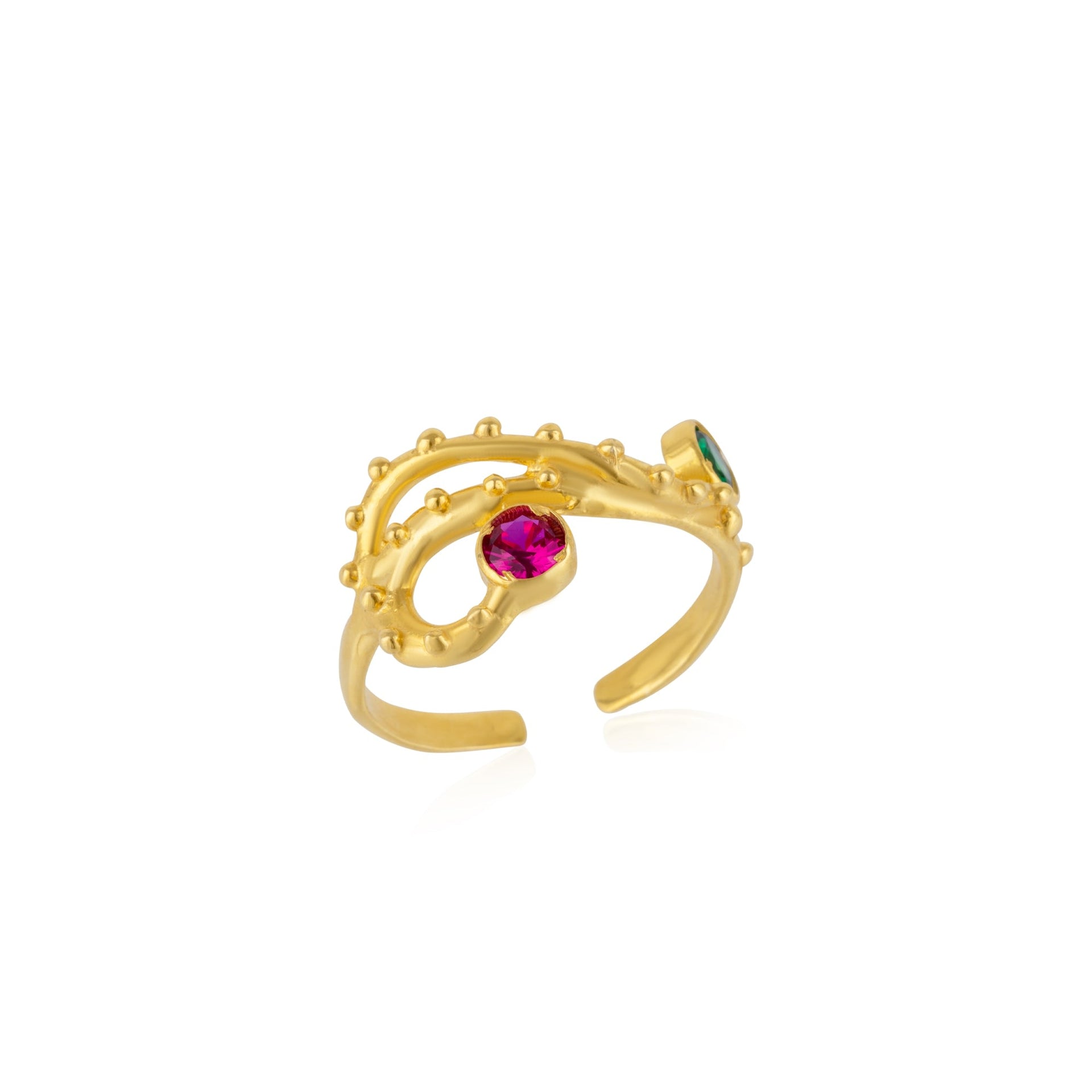 Emerald & Ruby Color Jewelled Dragon Back Ring - Gold