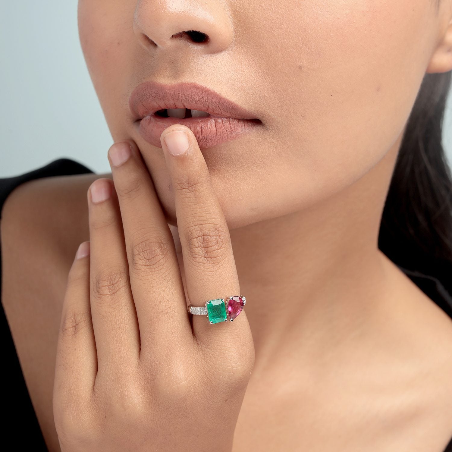 Emerald & Ruby Gemstone Pave Diamond Bypass Ring In White Gold