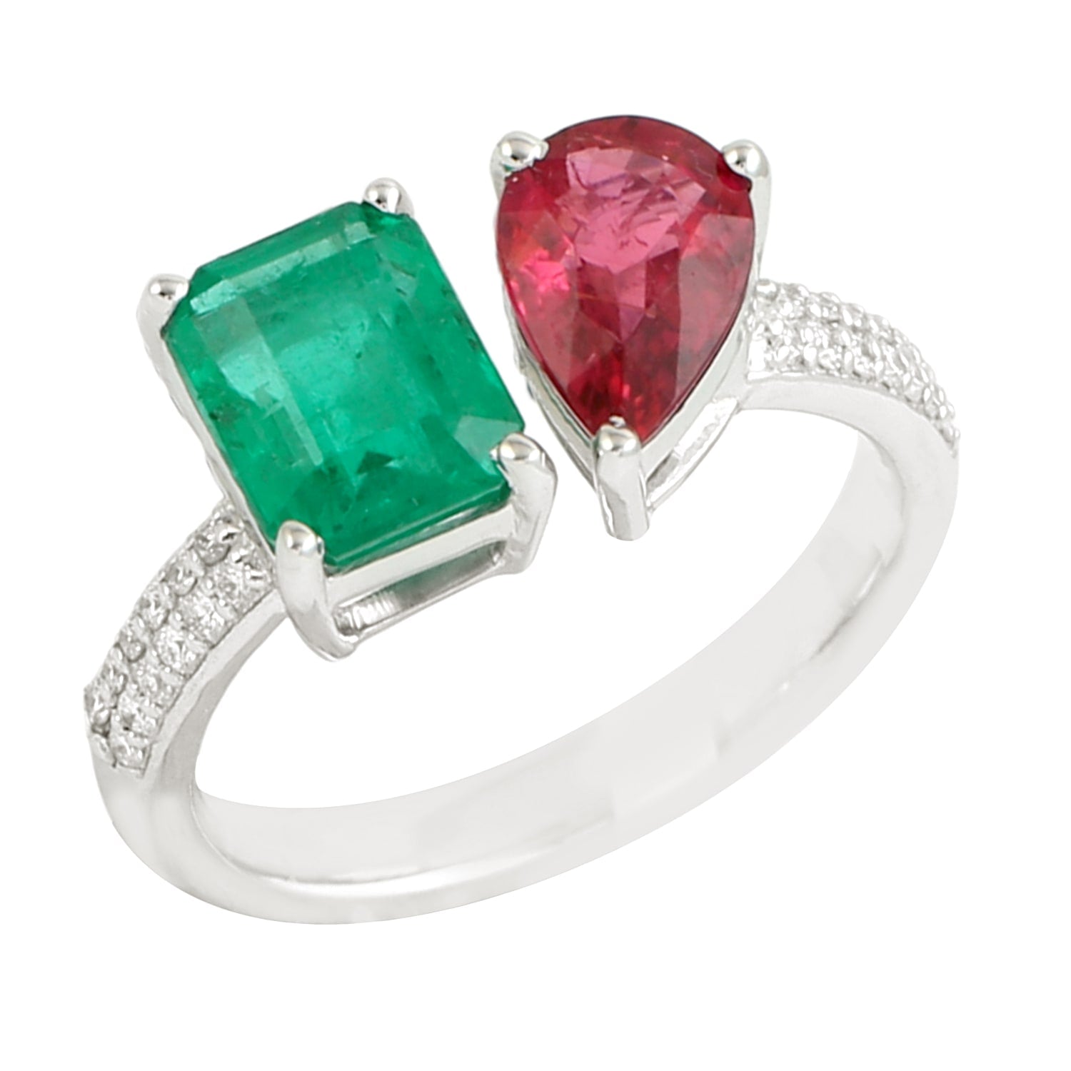 Emerald & Ruby Gemstone Pave Diamond Bypass Ring In White Gold