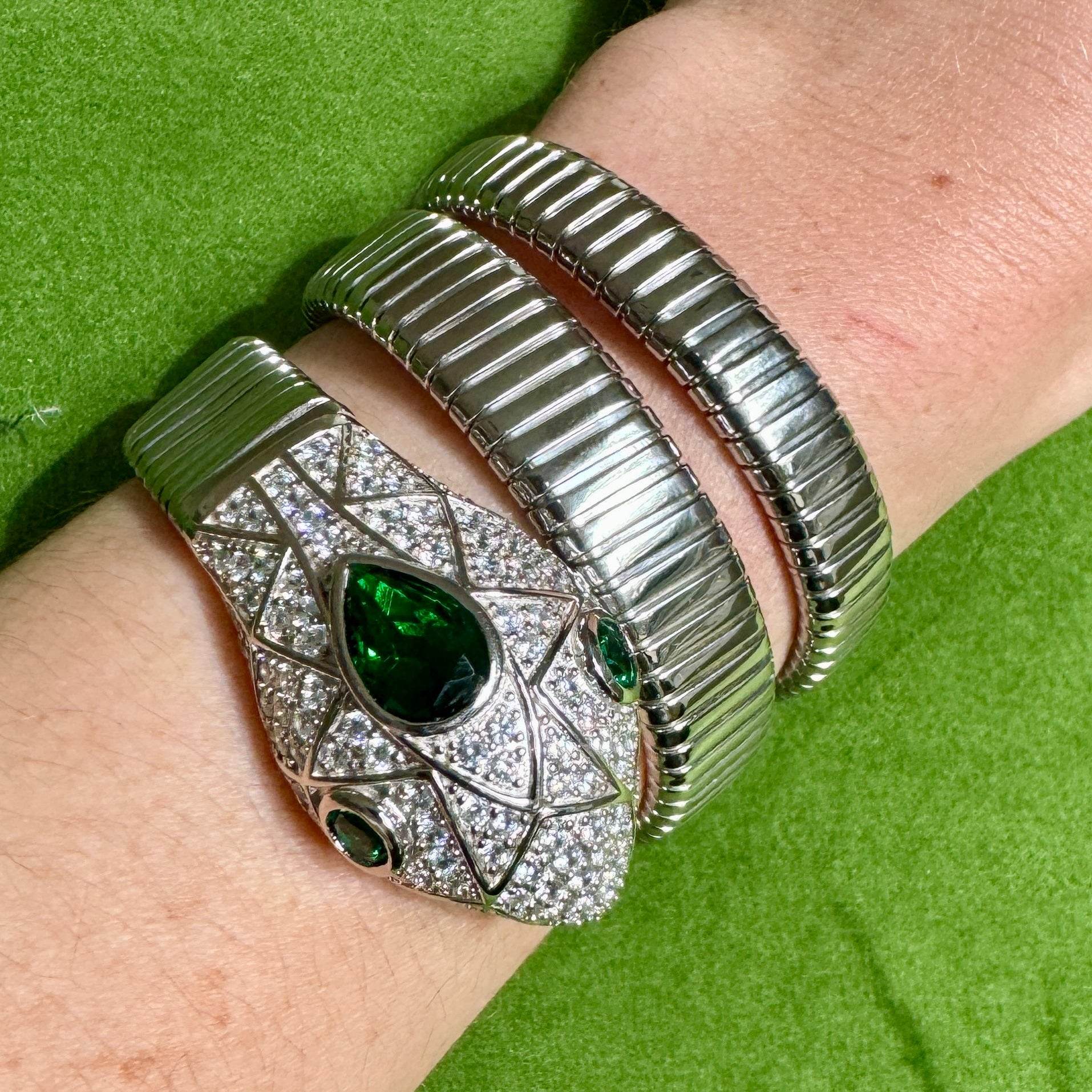Emerald Sterling Silver Wrap Snake Bracelet