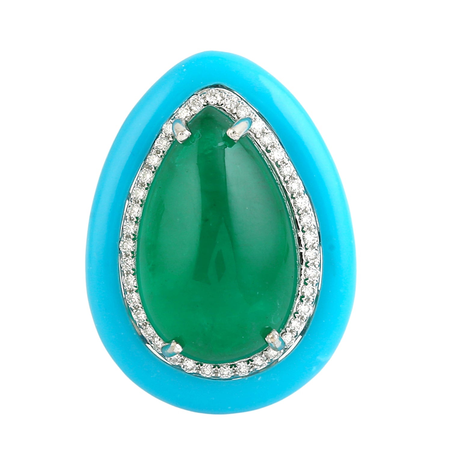 Emerald & Turquoise Gemstone Pave Diamond Cocktail Ring In White Gold