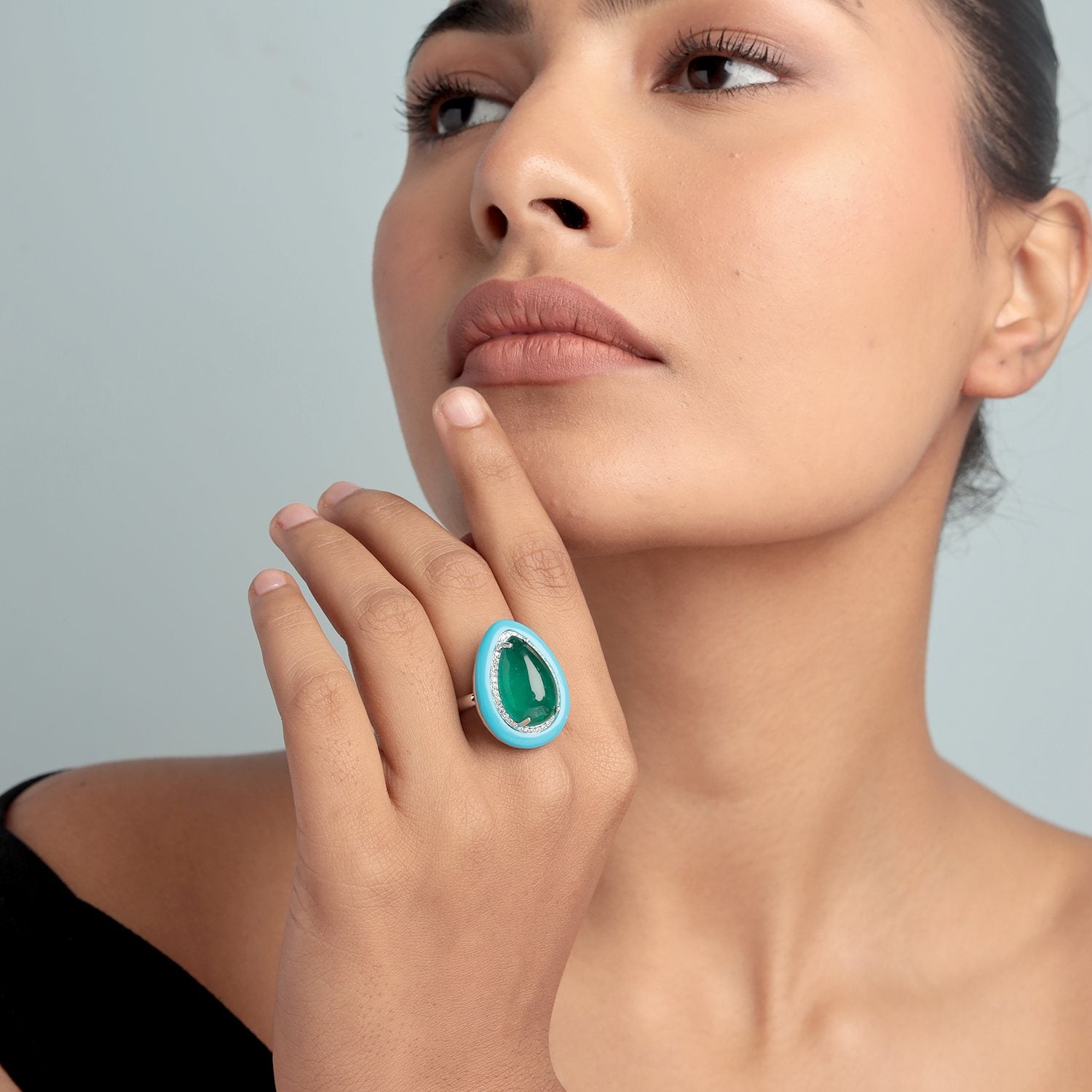 Emerald & Turquoise Gemstone Pave Diamond Cocktail Ring In White Gold