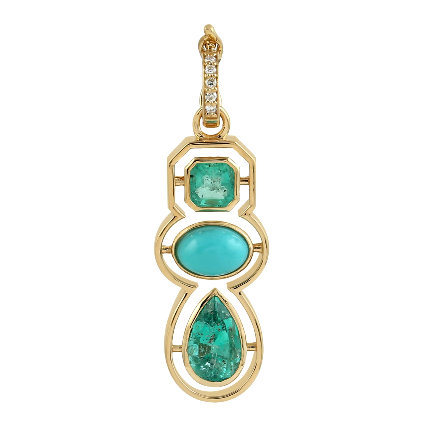 Emerald & Turquoise Gemstone Pave Diamond Designer Pendant In Gold