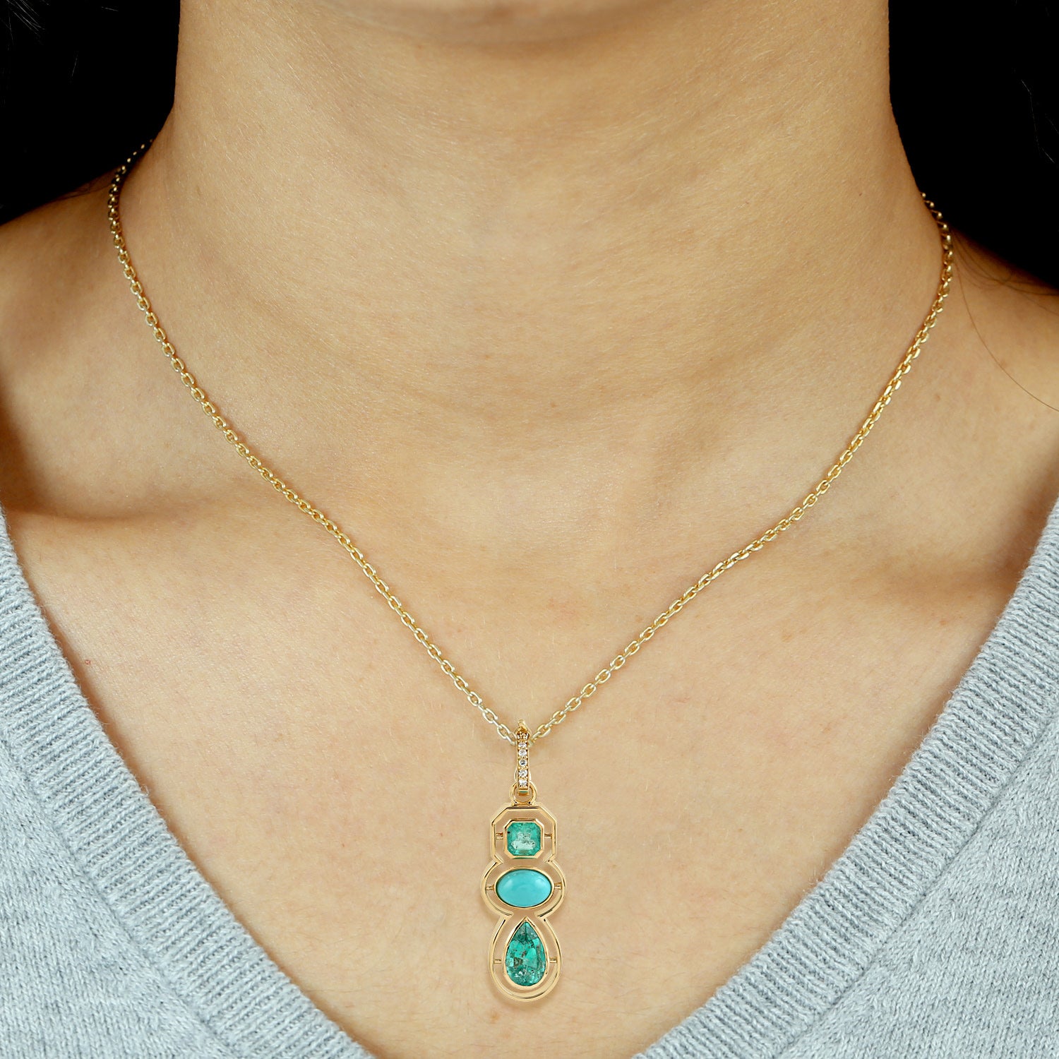 Emerald & Turquoise Gemstone Pave Diamond Designer Pendant In Gold