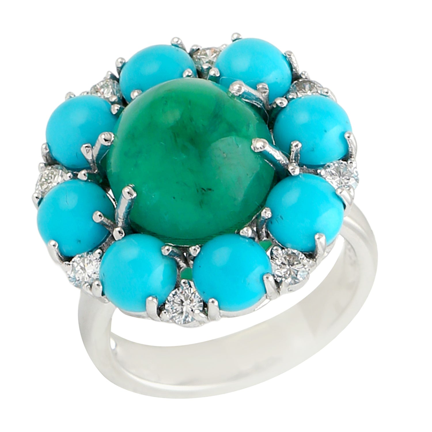 Natural Emerald & Turquoise Prong Diamond Cocktail Ring In White Gold