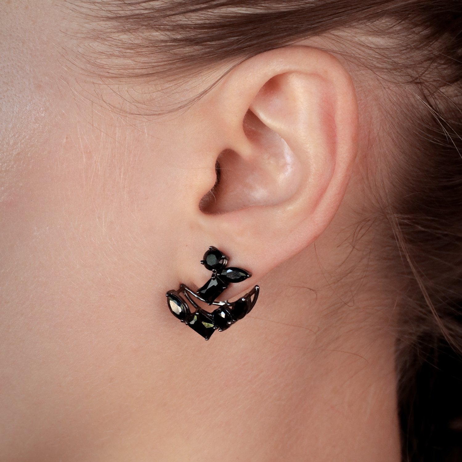 Emergence Ear Jacket With Man Made Cz Diamond Stimulant In Black Rhodium