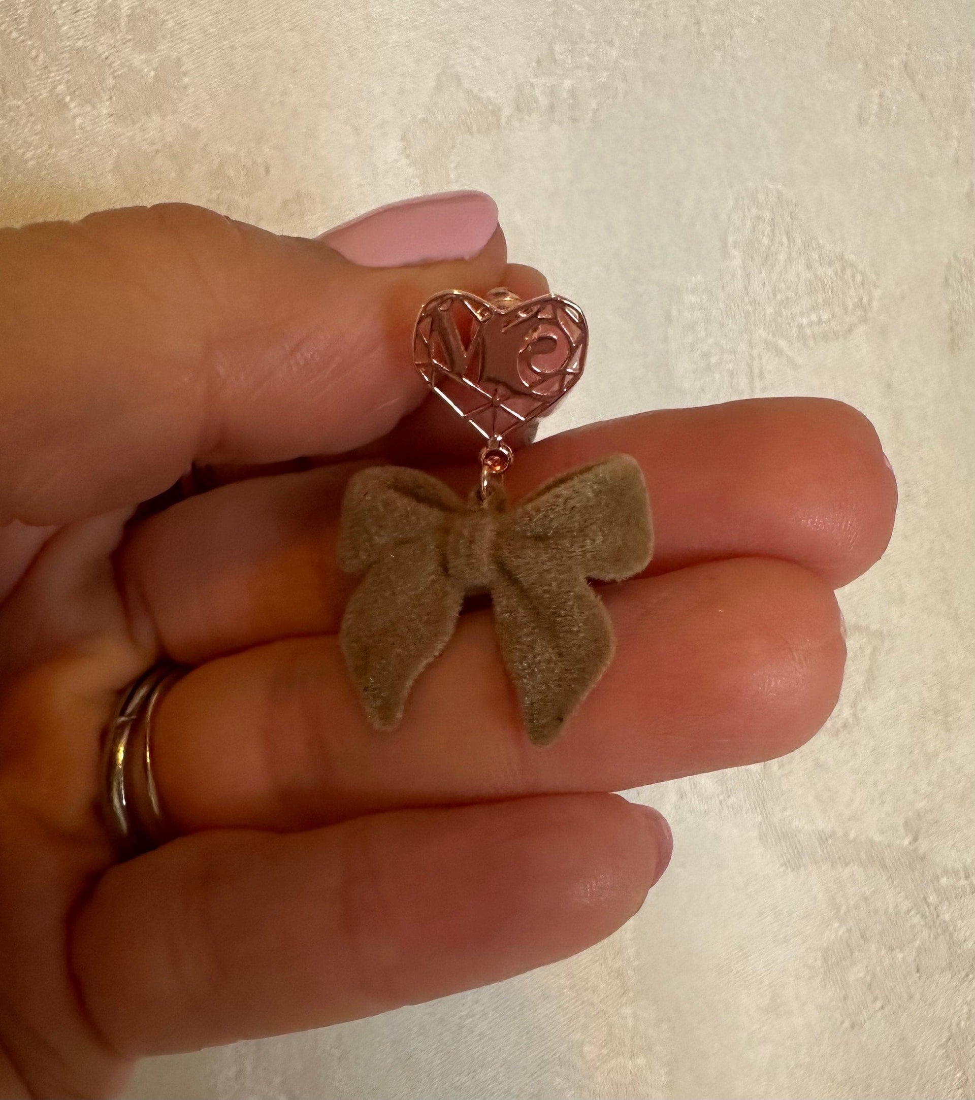 Emily - Mocha Mousse Bow Earrings With Mc Charm In Rose Gold - Sterling Silver - Exclusive & New