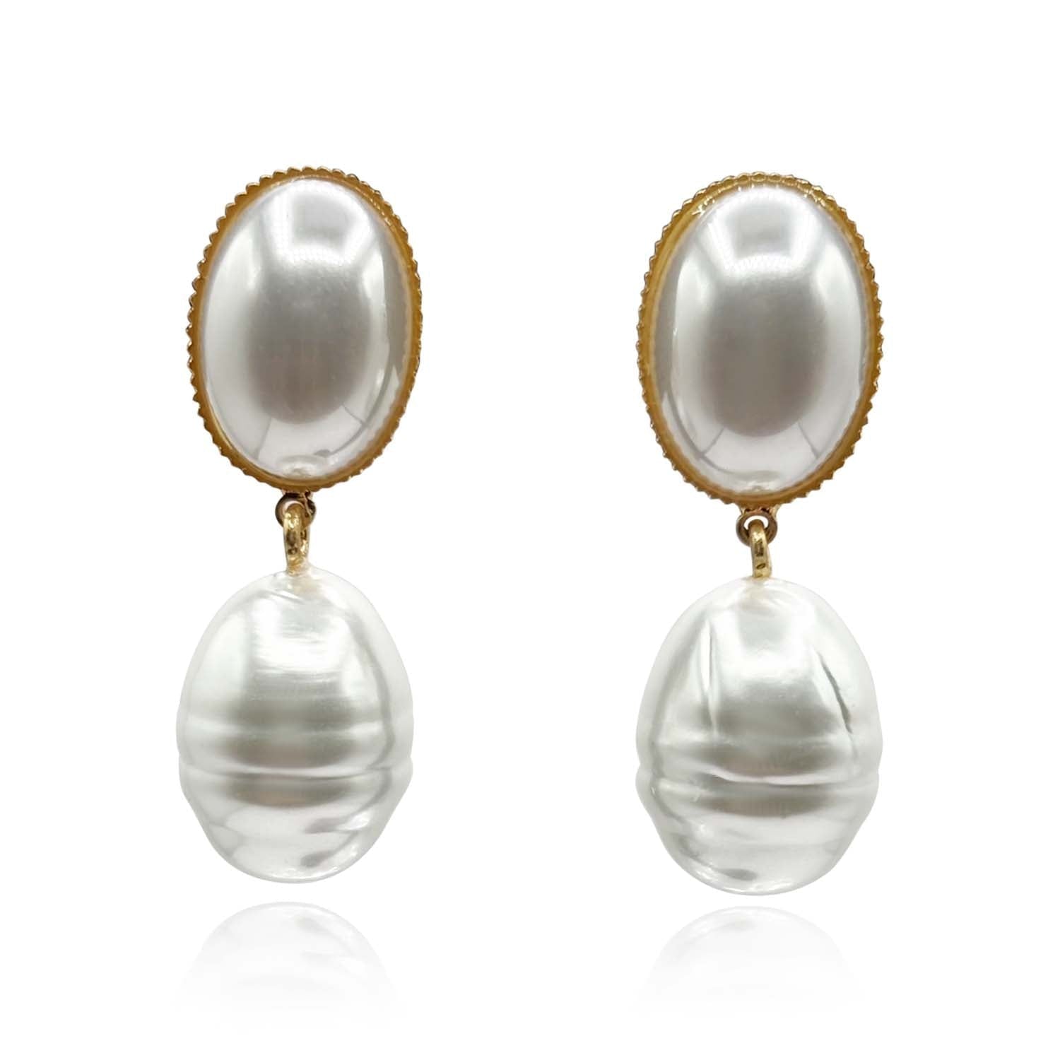 Emma Baroque White Glass Pearl Drop Clip Earrings
