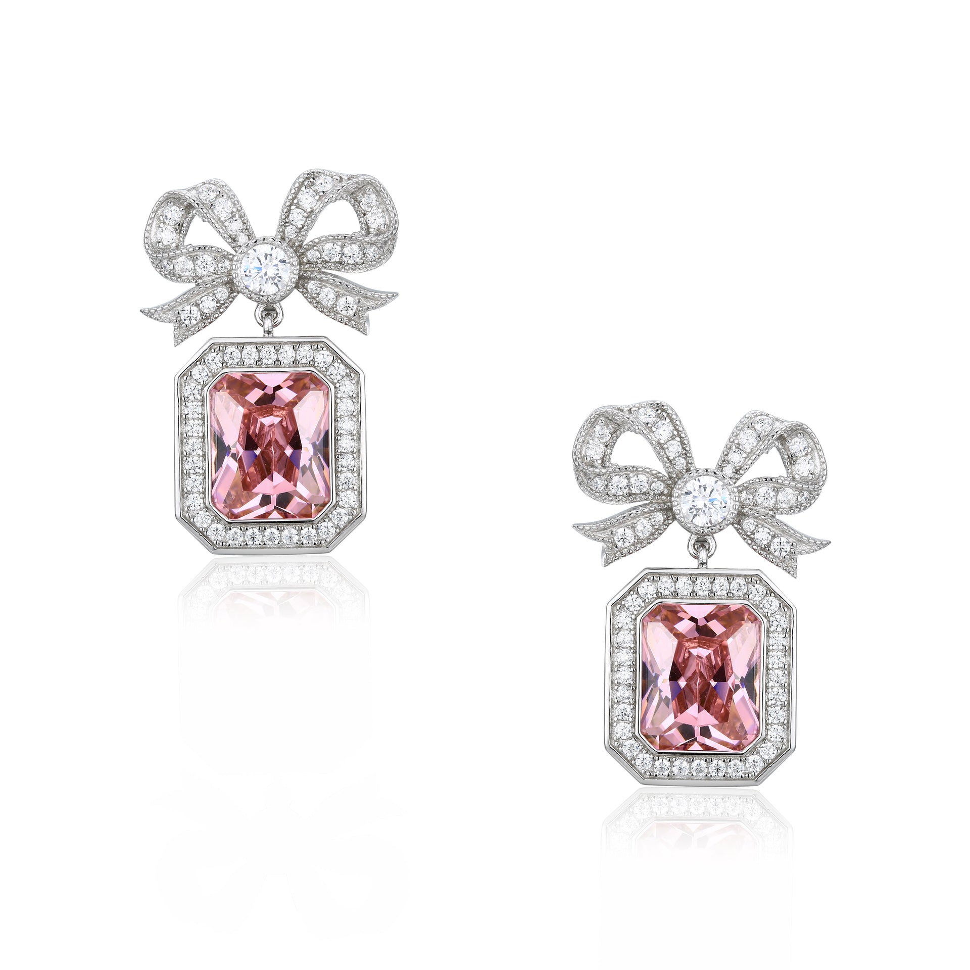 Empress Bow & Pink Radian Cut Crystal Silver Earrings
