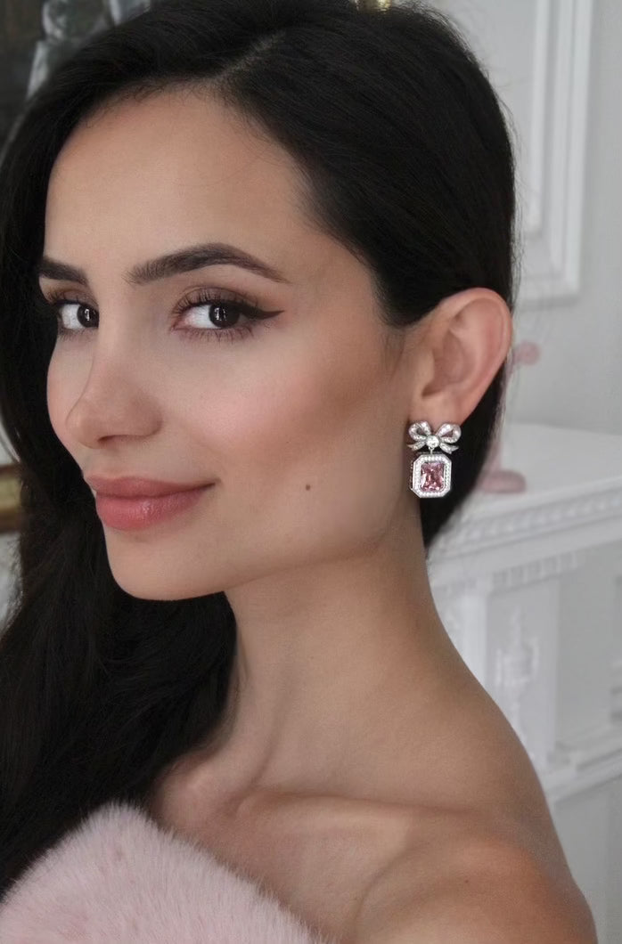 Empress Bow & Pink Radian Cut Crystal Silver Earrings