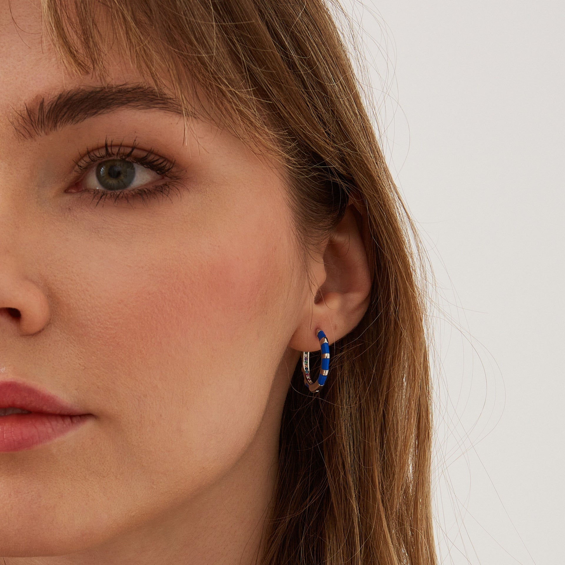 Enamel Navy Blue Fine Stripe Sterling Silver Hoop Earrings With Multi Color Zirconia Interior